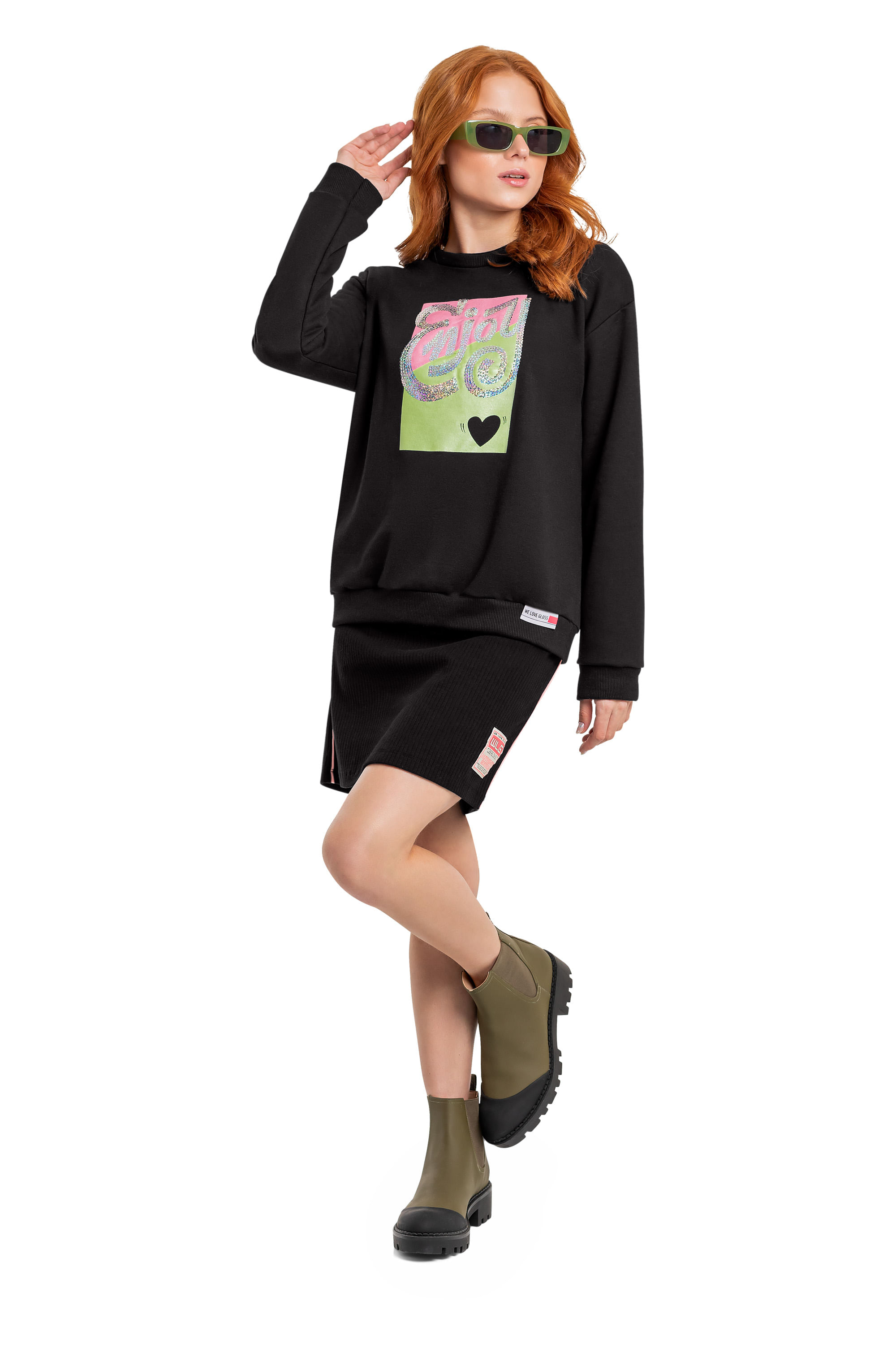 Blusão Feminino Infantil com Bordado (Preto) Gloss