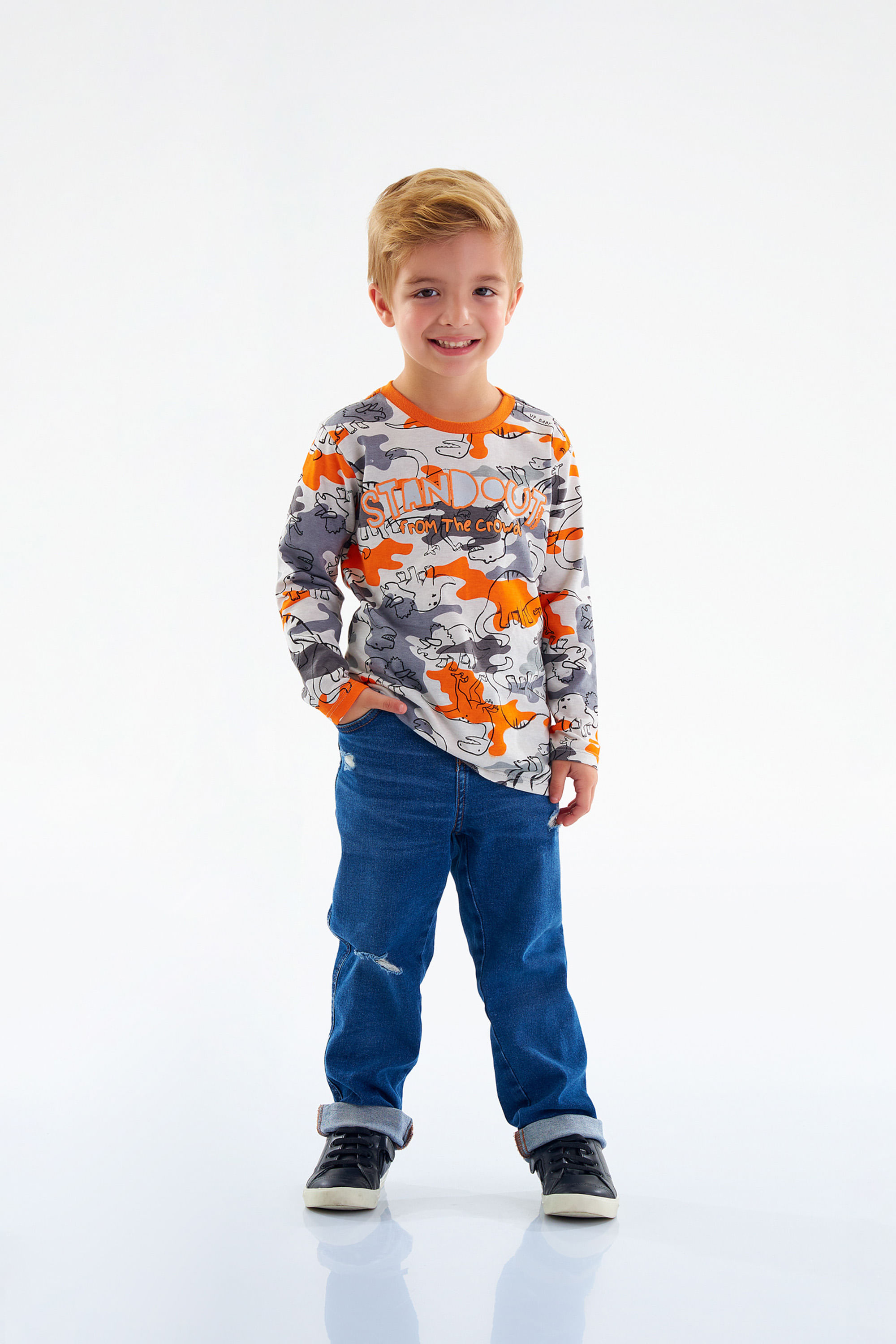 Camiseta Manga Longa Infantil Masculina em Meia Malha (Off White) Up Baby