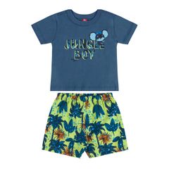 Conjunto-Jungle-Boy-com-Camiseta-e-Bermuda-para-Bebe-Menino--Azul--Bee-Loop