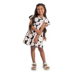 Vestido-Floral-Manga-Curta-Infantil--Preto--Quimby