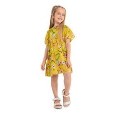 Vestido-Infantil-Manga-Curta-Floral-em-Viscose--Amarelo-Escuro--Quimby