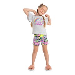 Pijama-com-Blusa-e-Short-Infantil-Feminino-em-Meia-Malha--Cinza-Claro--Quimby
