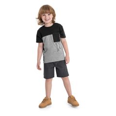 Conjunto-Infantil-Camiseta-em-Meia-Malha-e-Bermuda-para-Meninos--Preto--Quimby