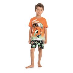 Pijama-Infantil-Masculino-com-Camiseta-e-Bermuda-em-Meia-Malha--Laranja--Quimby