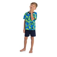 Pijama-com-Camiseta-e-Bermuda-Masculina-Infantil-em-Meia-Malha--Azul--Quimby