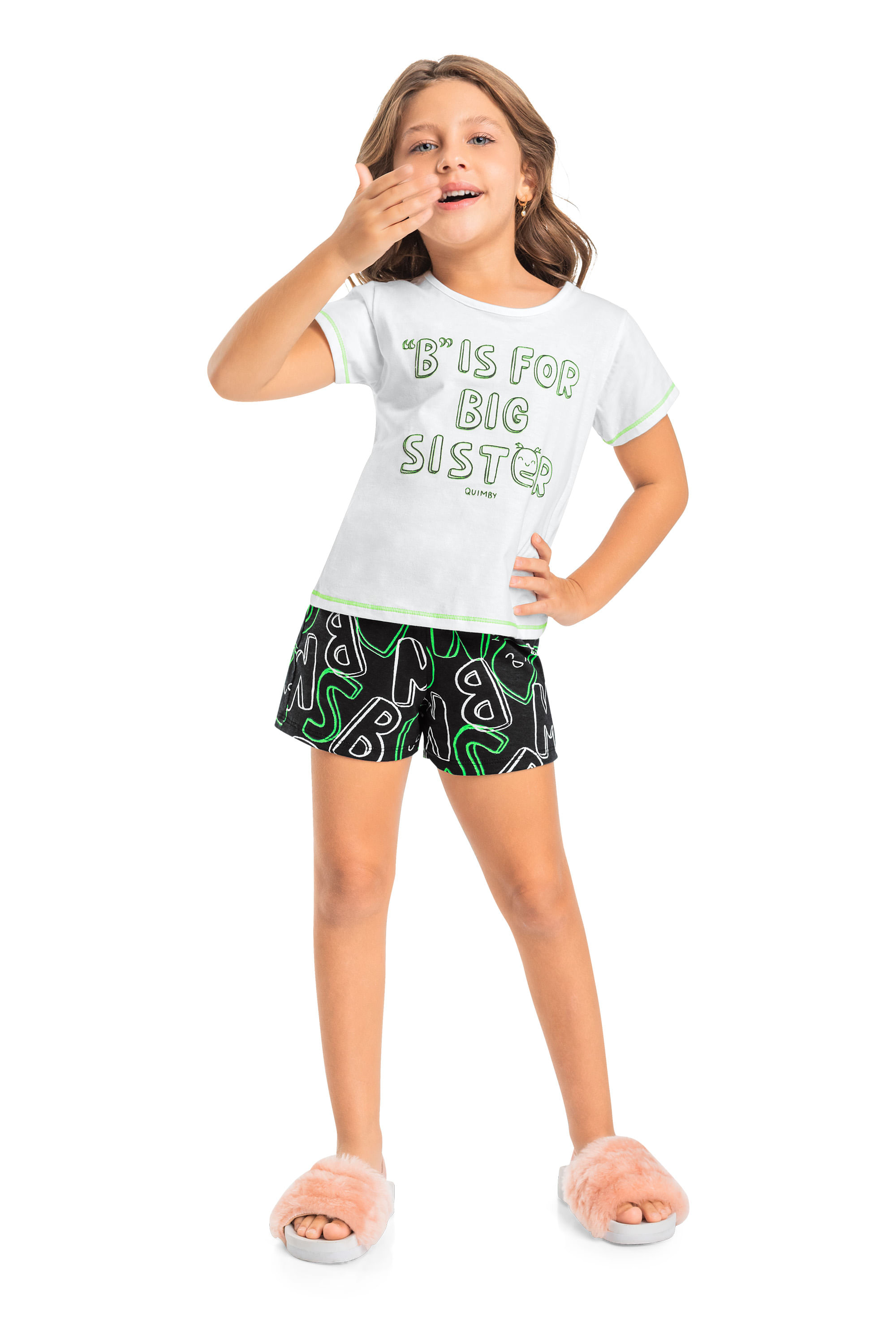 Pijama Curto Infantil para Menina em Meia Malha (Branco) Quimby