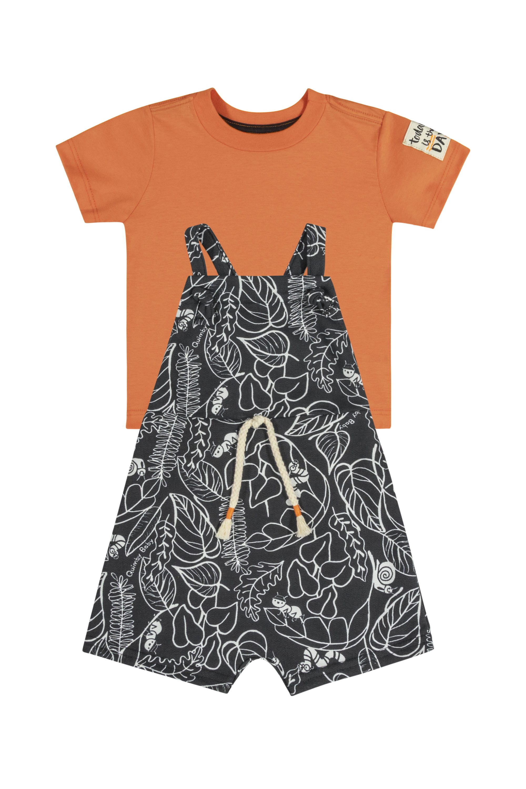 Conjunto com Camiseta e Jardineira Estampada para Bebê (Laranja) Quimby