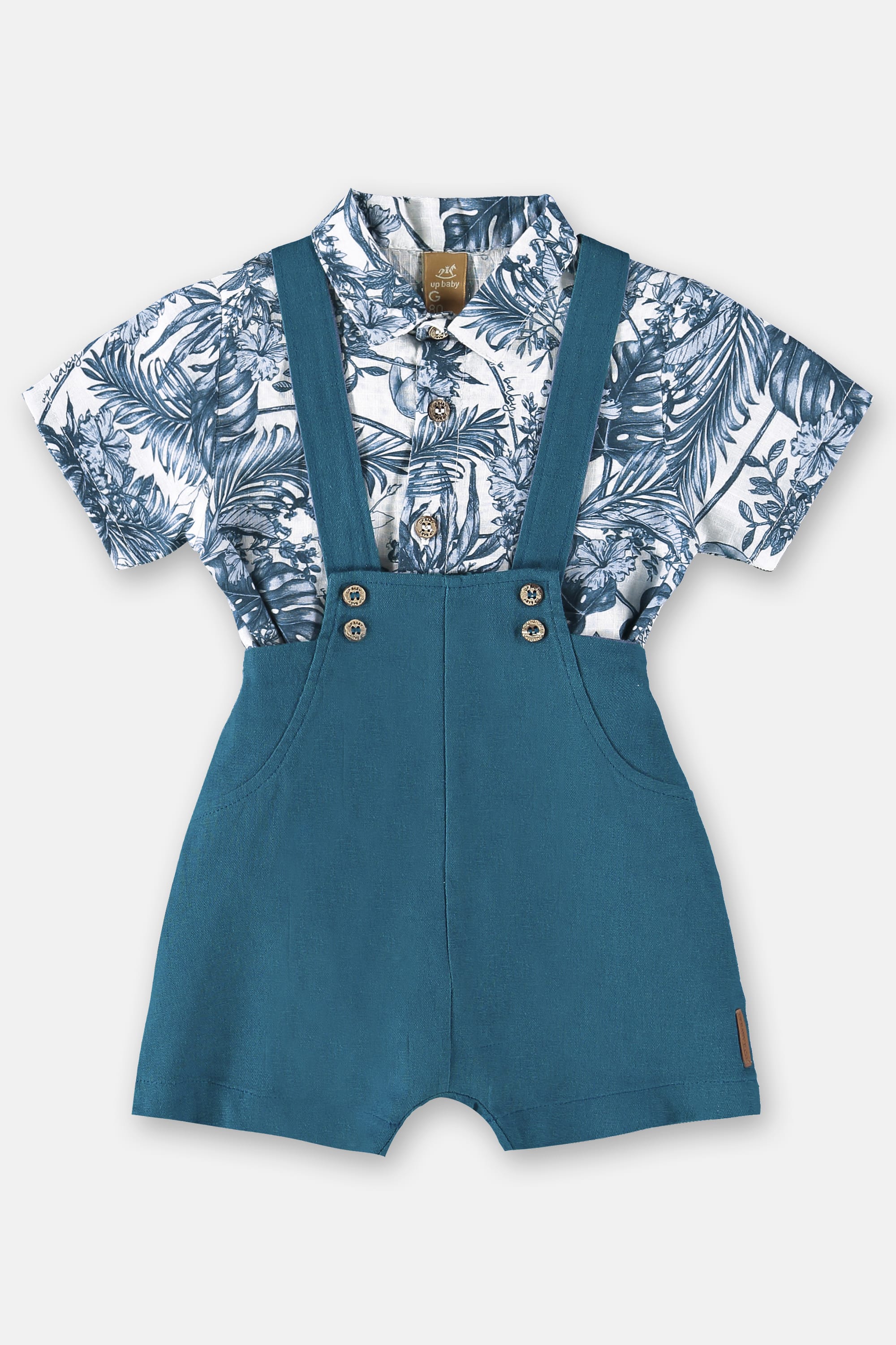 Conjunto Jardineira em Linho e Body Camisa Bebê Menino (Azul) Up Baby