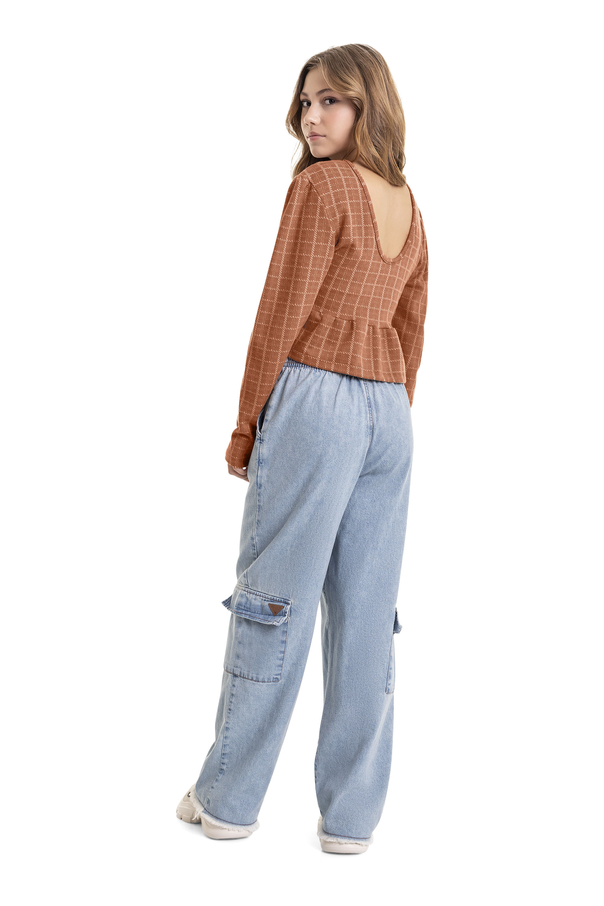 Blusa Cropped Xadrez em Jacquard Juvenil (Marrom) Gloss - Imagem 4