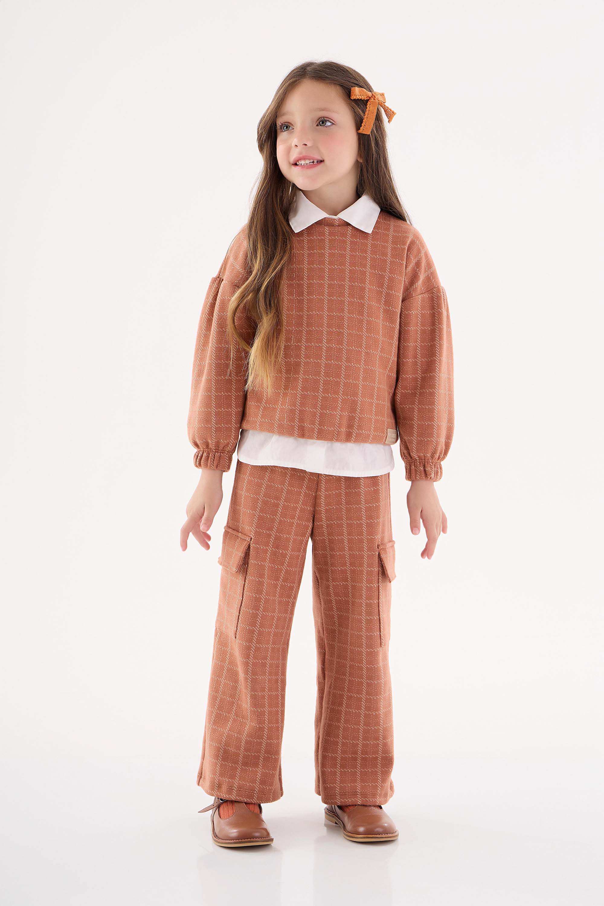 Conjunto Blusão e Calça em Jacquard Xadrez Infantil Menina (Marrom) Up Baby