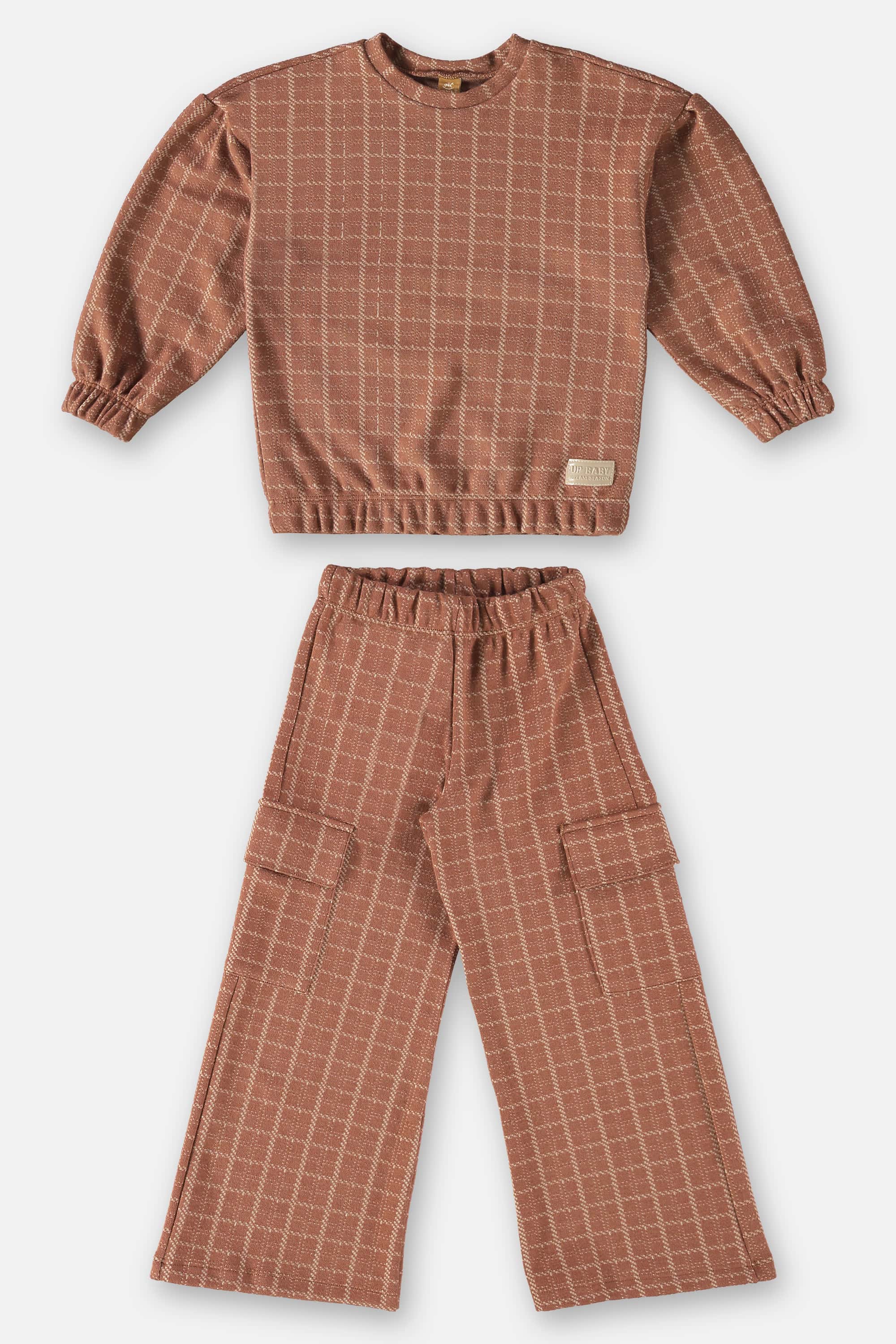 Conjunto Blusão e Calça em Jacquard Xadrez Infantil Menina (Marrom) Up Baby - Imagem 2