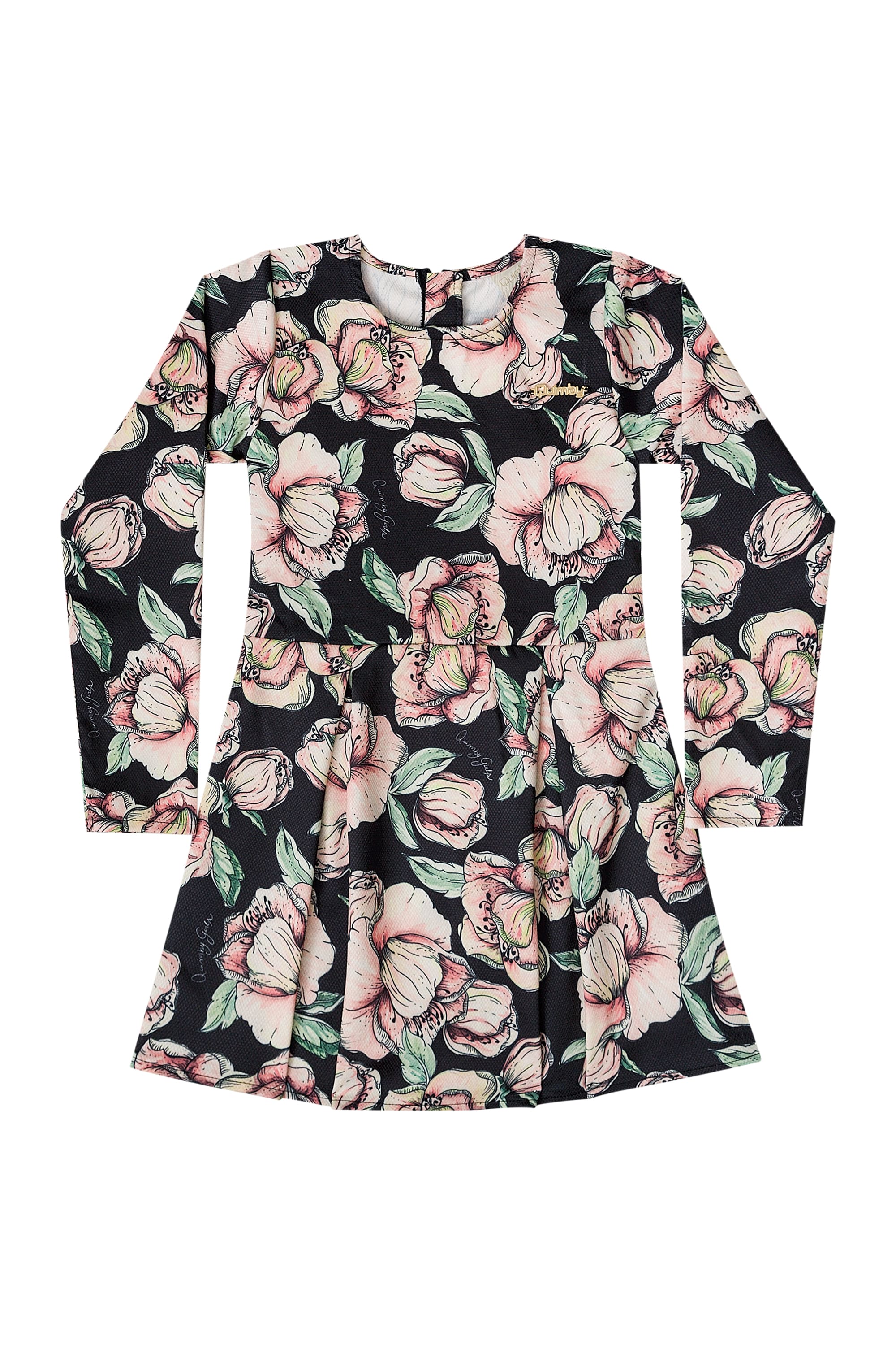 Vestido Infantil Floral de Mangas Longas (Preto) Quimby - Imagem 2