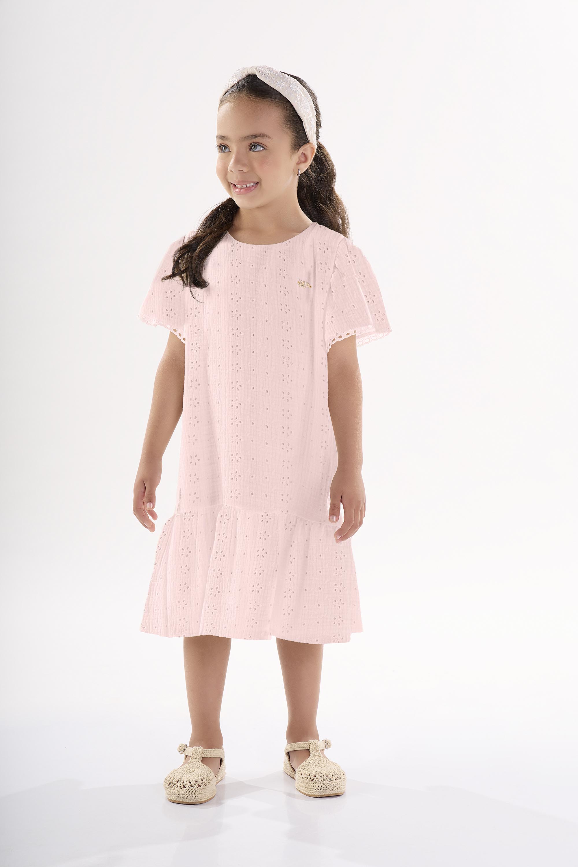 Vestido Infantil de Manga Curta em Laise (Rosa) Up Baby