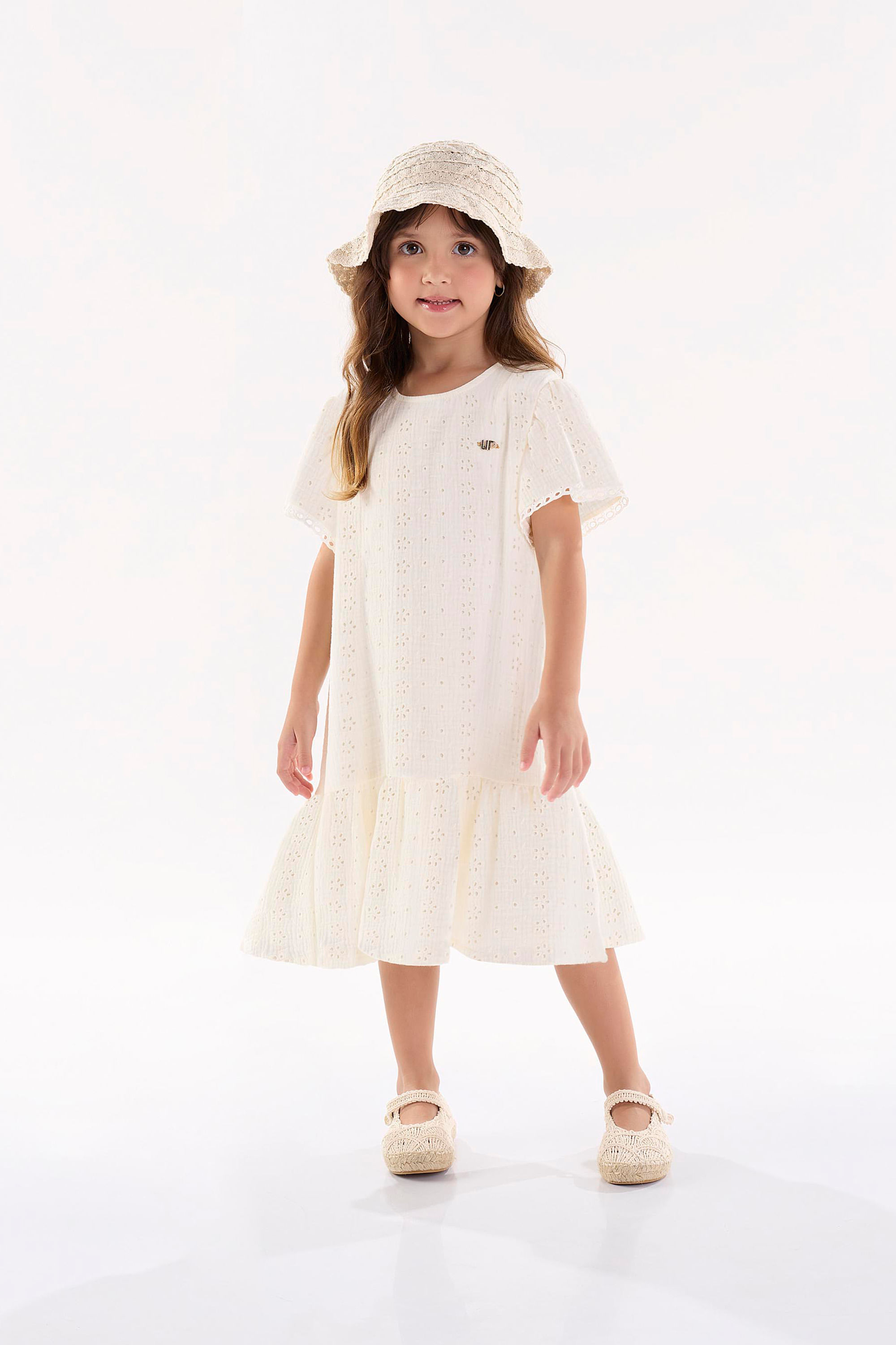 Vestido Infantil de Manga Curta em Laise (Bege) Up Baby