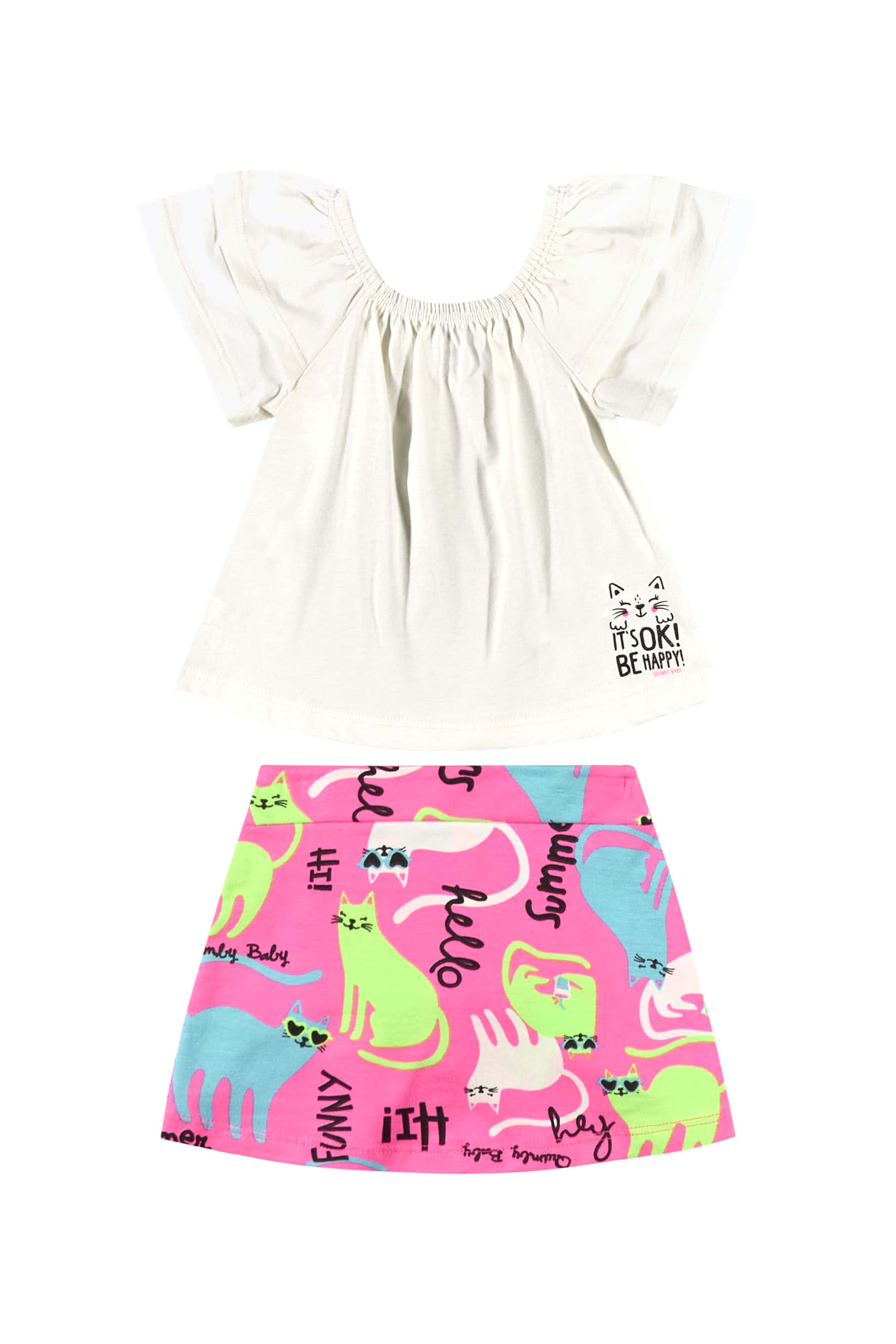 Conjunto com Blusa e Saia de Gatinhos para Bebê Menina (Off White) Quimby