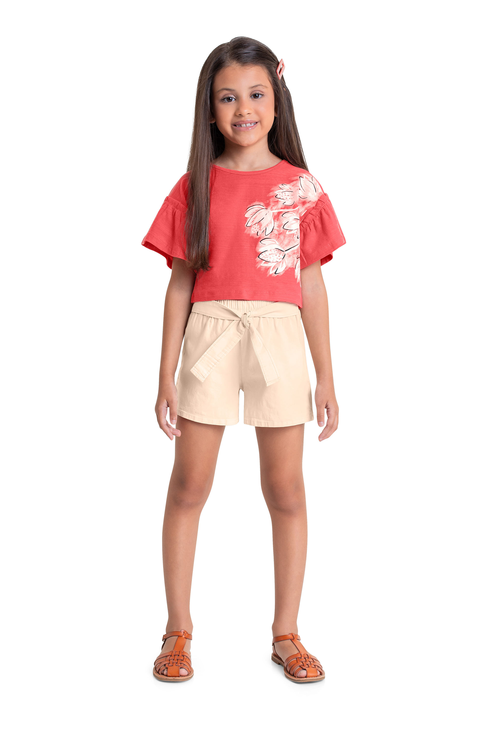 Cropped Infantil Floral para Menina (Coral) Quimby