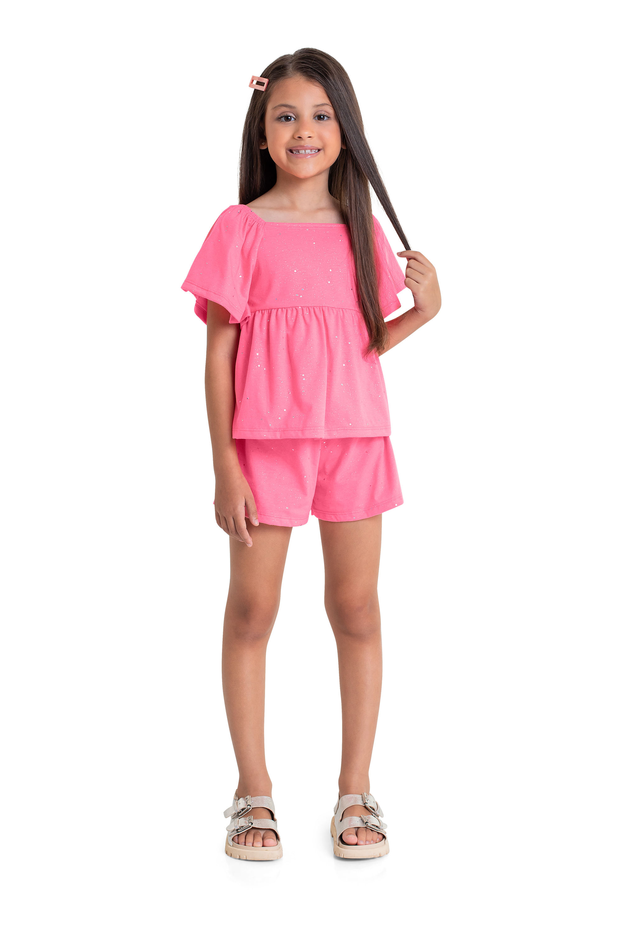 Conjunto com Blusa e Short Infantil com Glitter para Menina (Rosa) Quimby