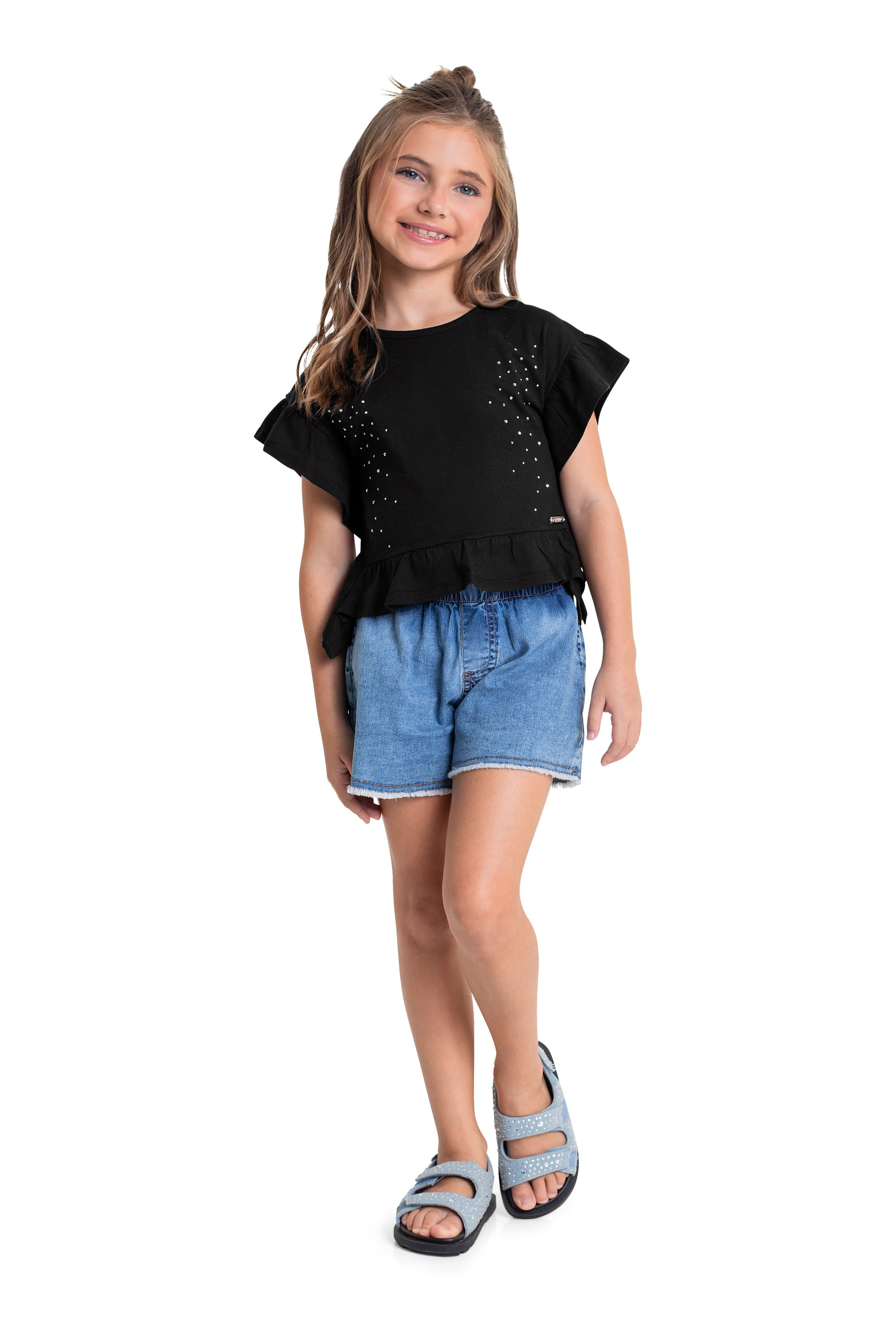 Blusa Infantil com Strass para Menina (Preto) Quimby