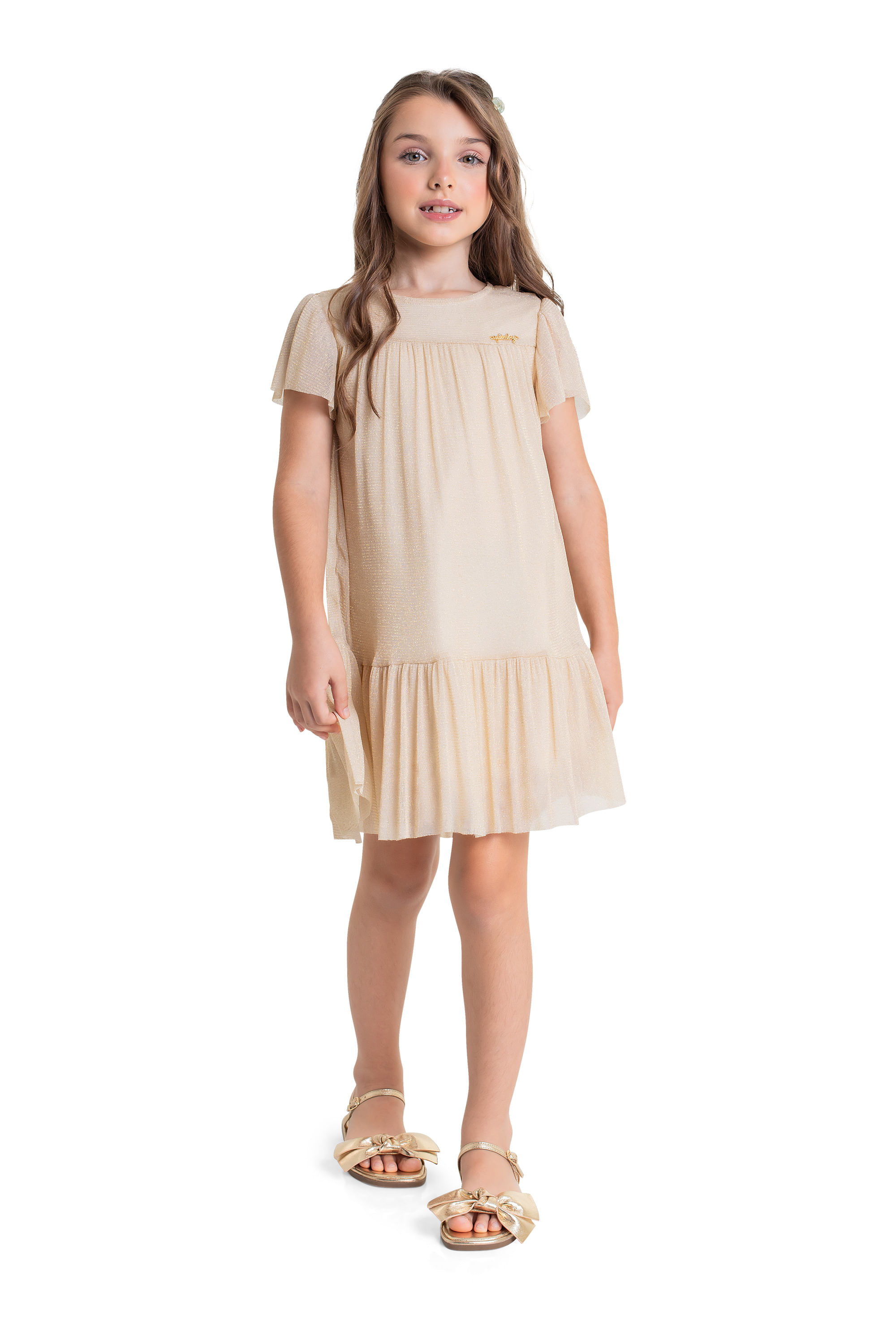 Vestido Infantil com Tule para Menina (Bege) Quimby