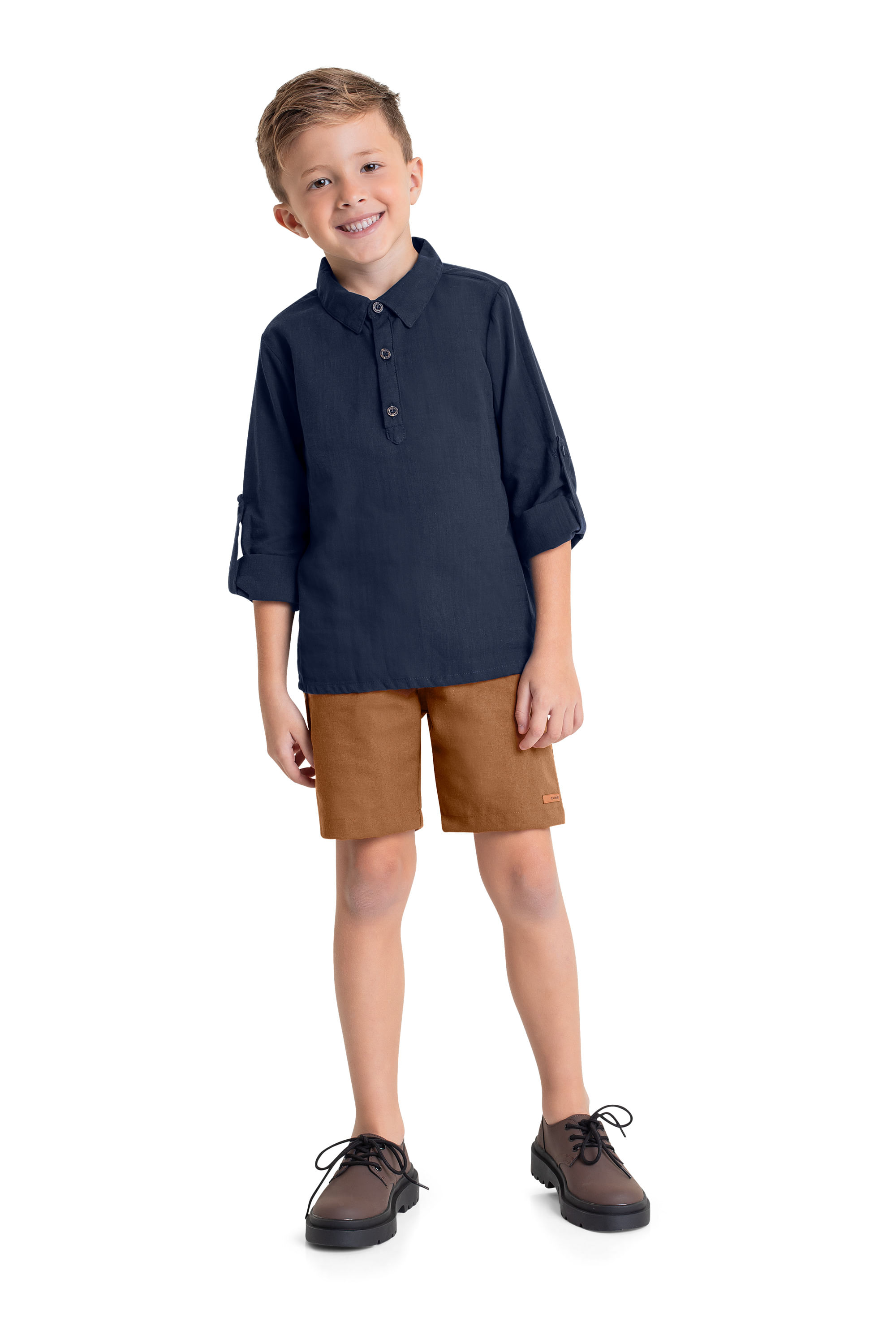 Camisa Manga Longa Infantil em Tecido para Menino (Azul Marinho) Quimby