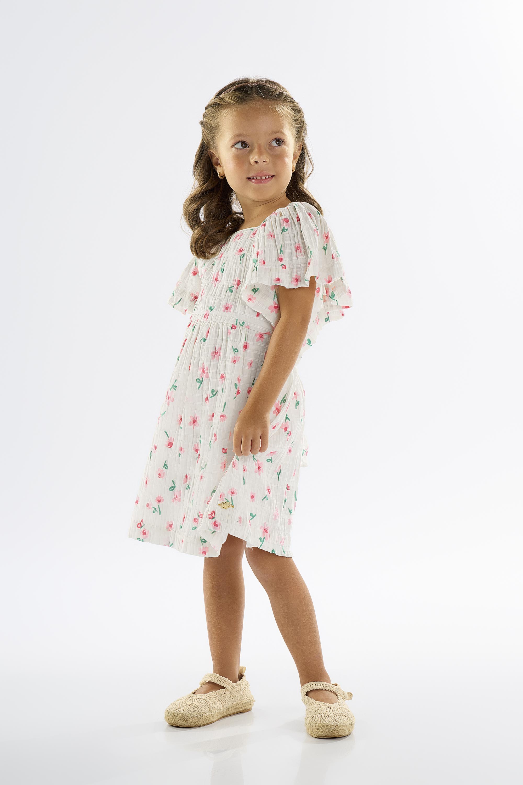 Vestido Infantil Floral em Algodão e Elastano (Branco) Up Baby