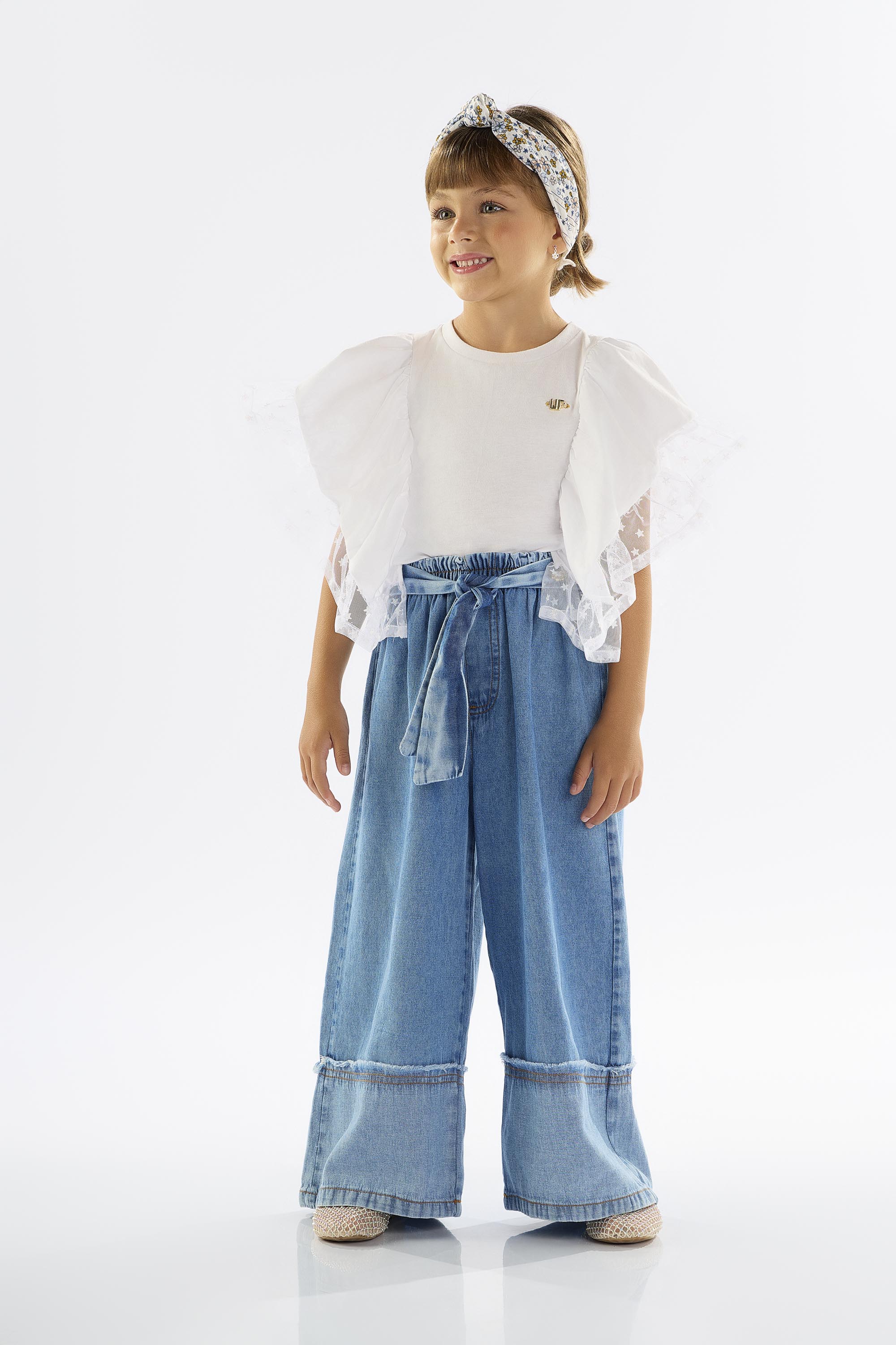 Blusa Infantil Manga Curta em Meia Malha e Tule (Branco) Up Baby