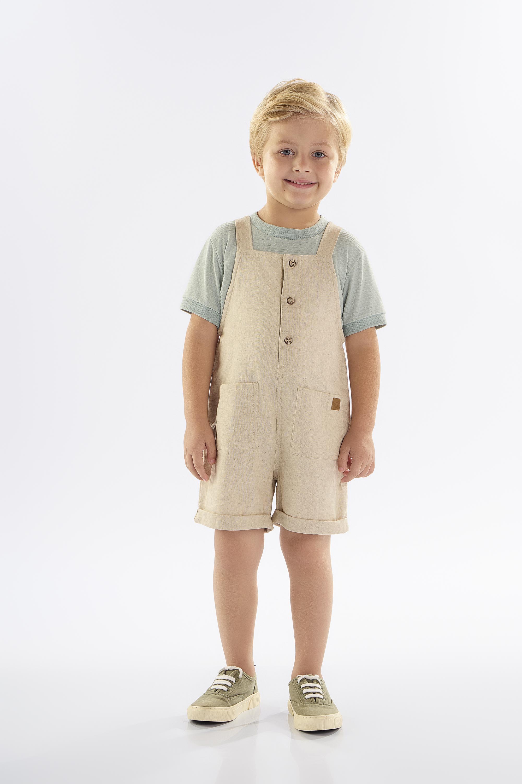 Jardineira Infantil para Menino em Linho com Elastano (Bege) Up Baby