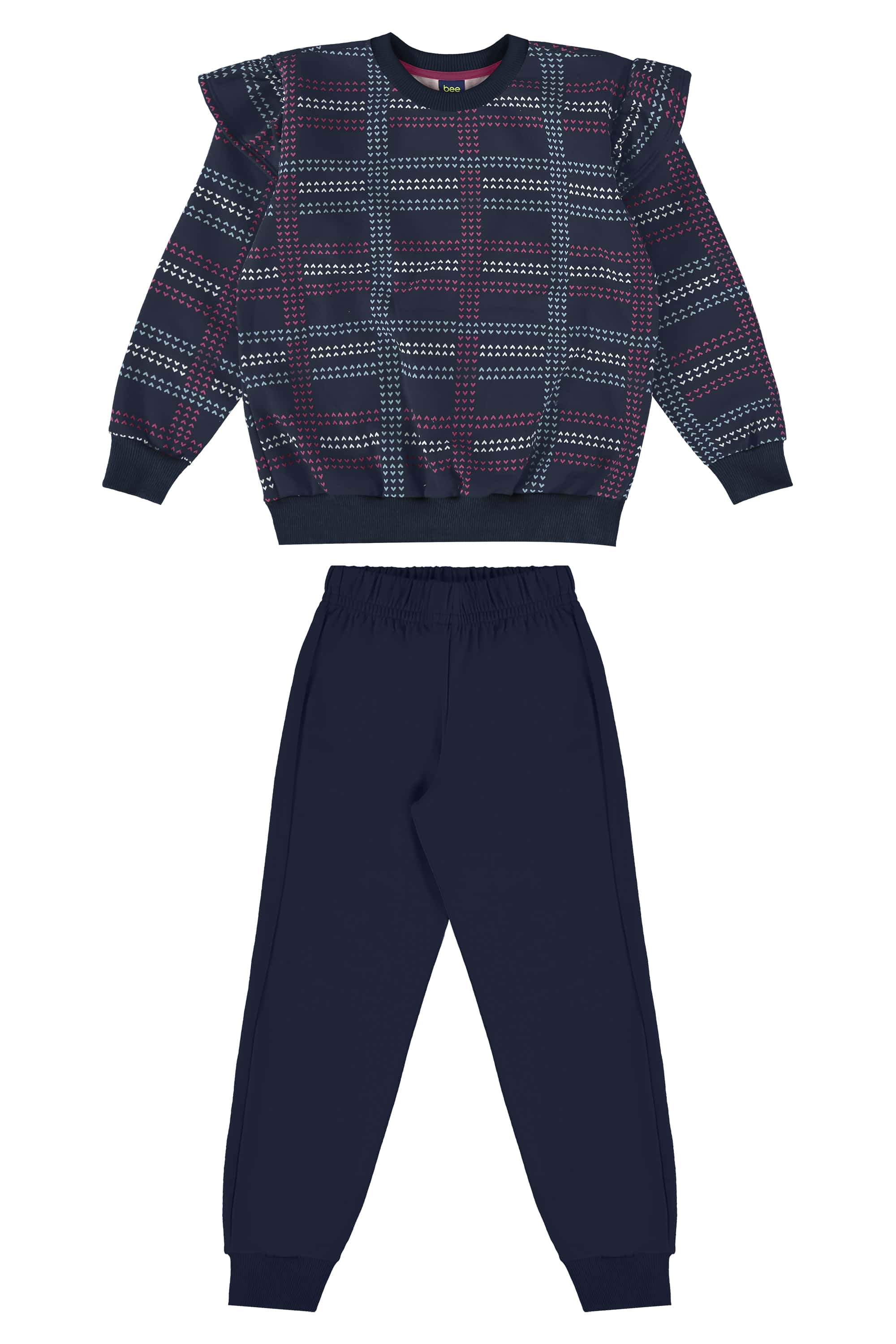 Conjunto Infantil Feminino com Blusão Xadrez e Calça (Azul Marinho) Bee Loop