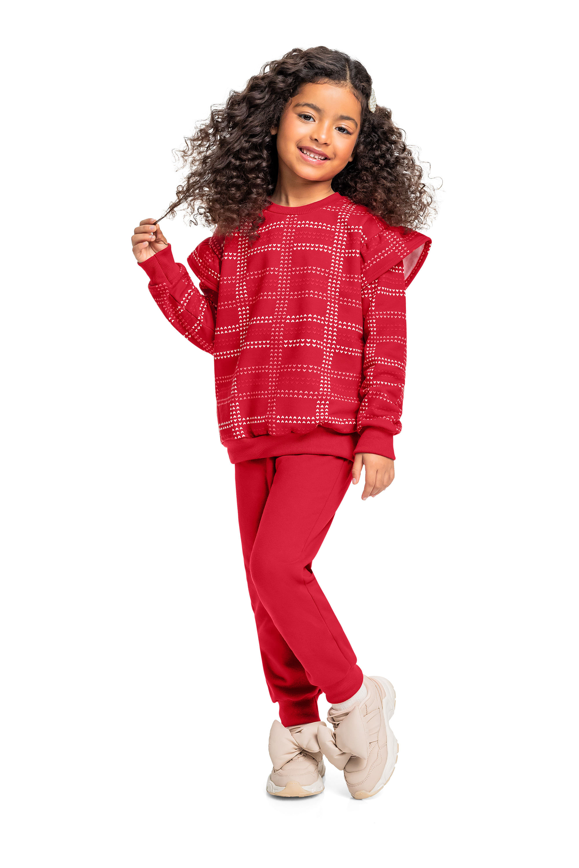 Conjunto Infantil Feminino com Blusão Xadrez e Calça (Vermelho) Bee Loop