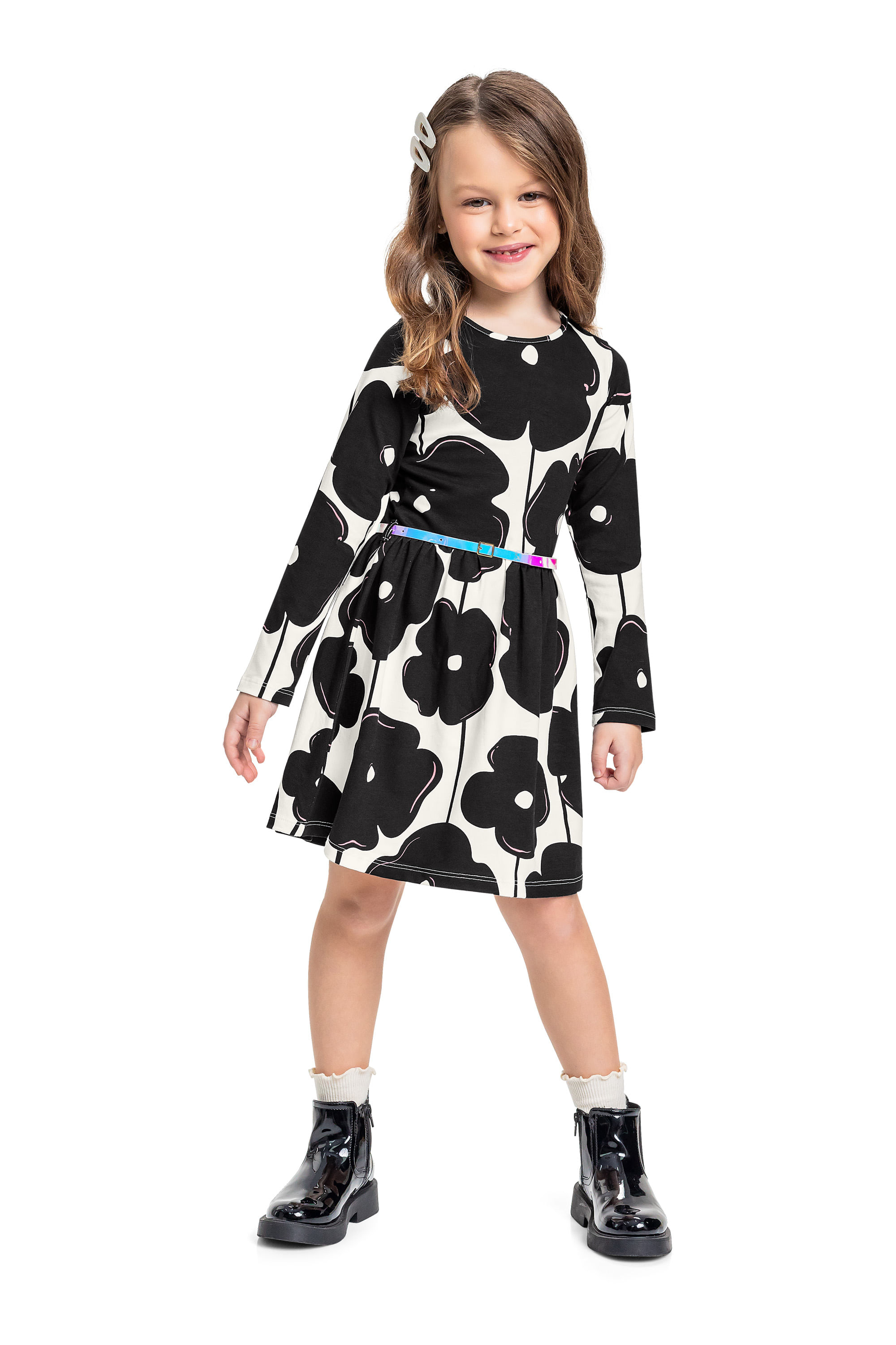 Vestido de Manga Longa com Cinto (Branco) Bee Loop