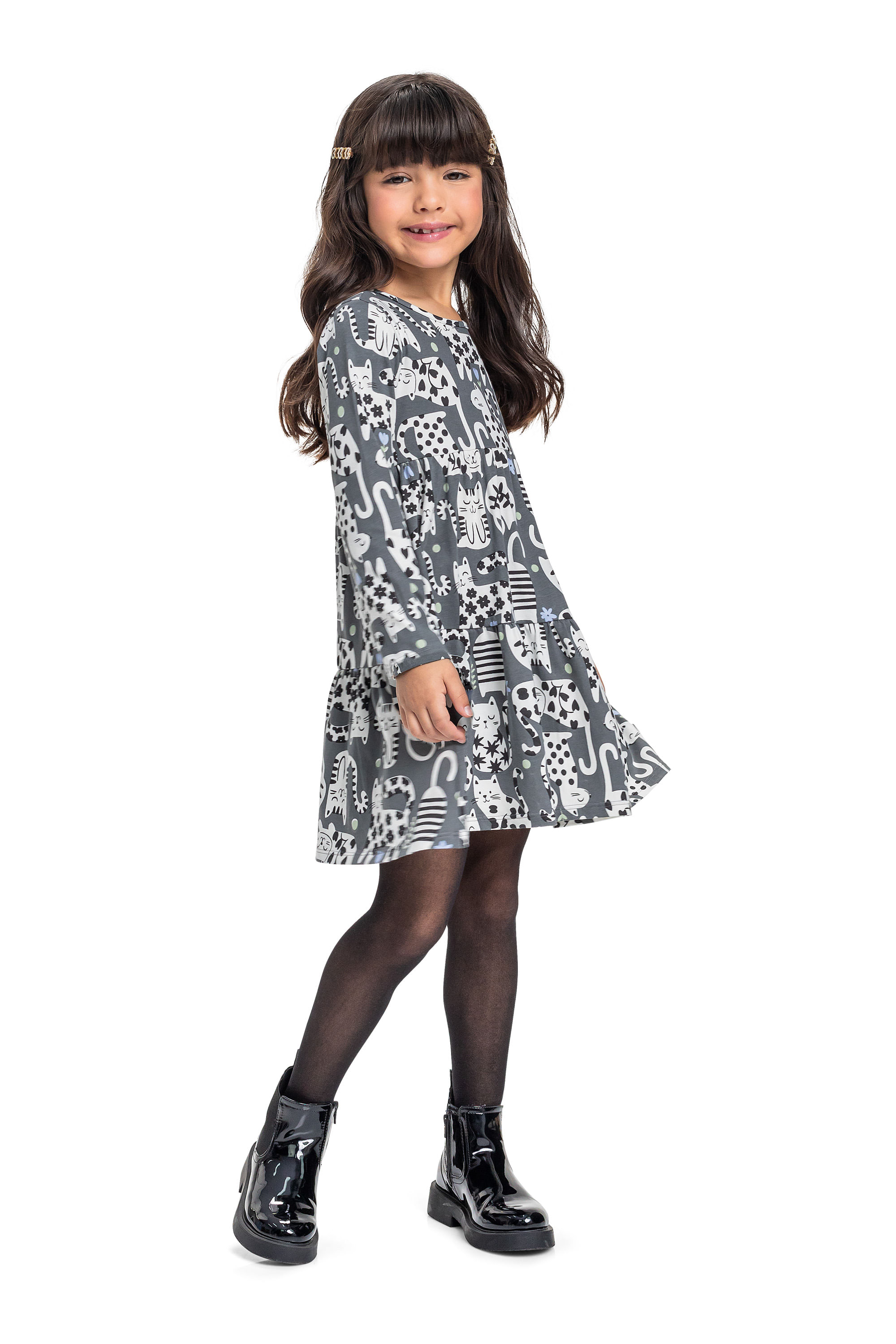 Vestido Infantil Manga Longa de Gatinho (Cinza) Bee Loop