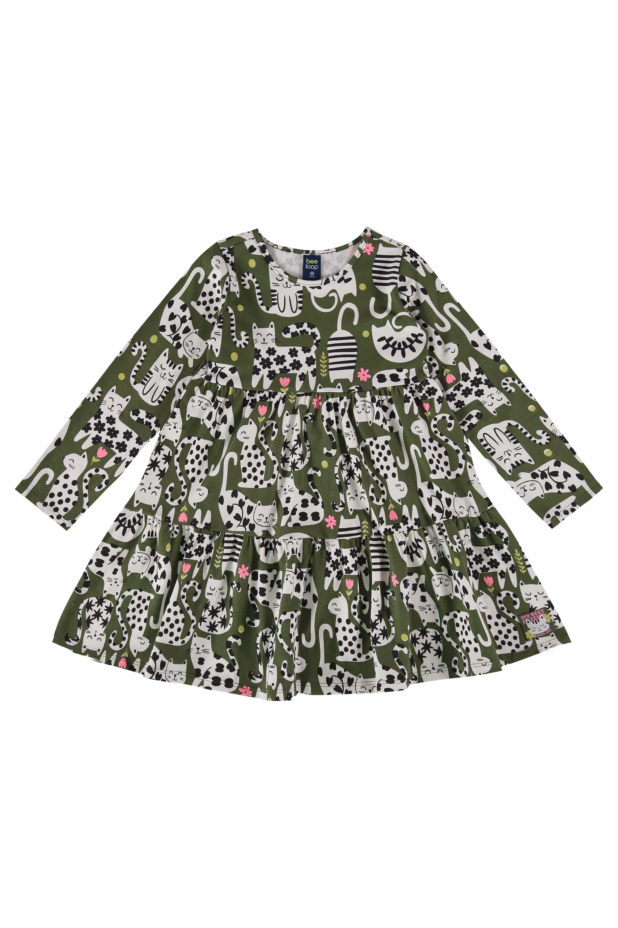 Vestido Infantil Manga Longa de Gatinho (Verde) Bee Loop