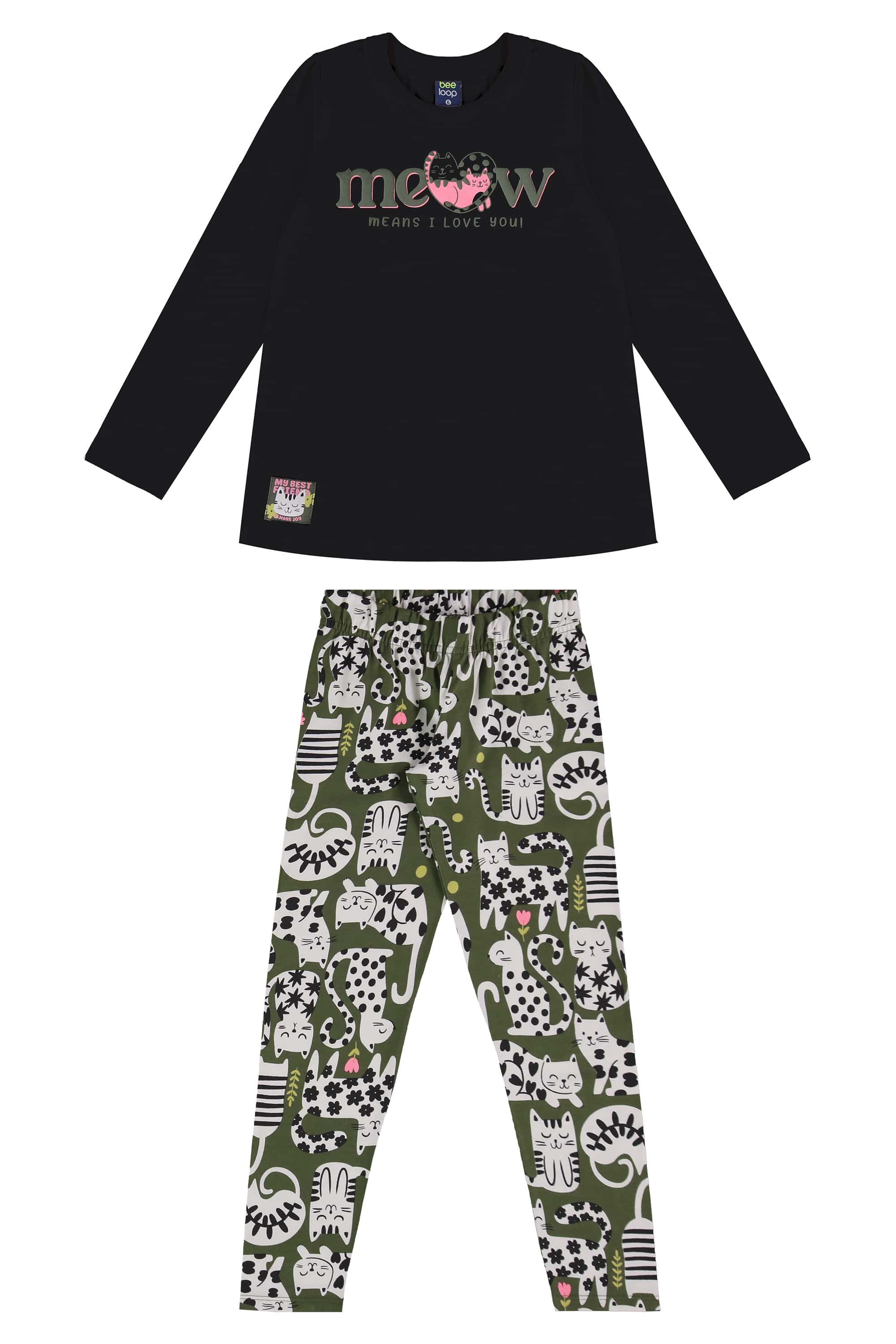 Conjunto para Meninas Blusa Meia Malha e Calça Legging em Cotton (Preto) Bee Loop