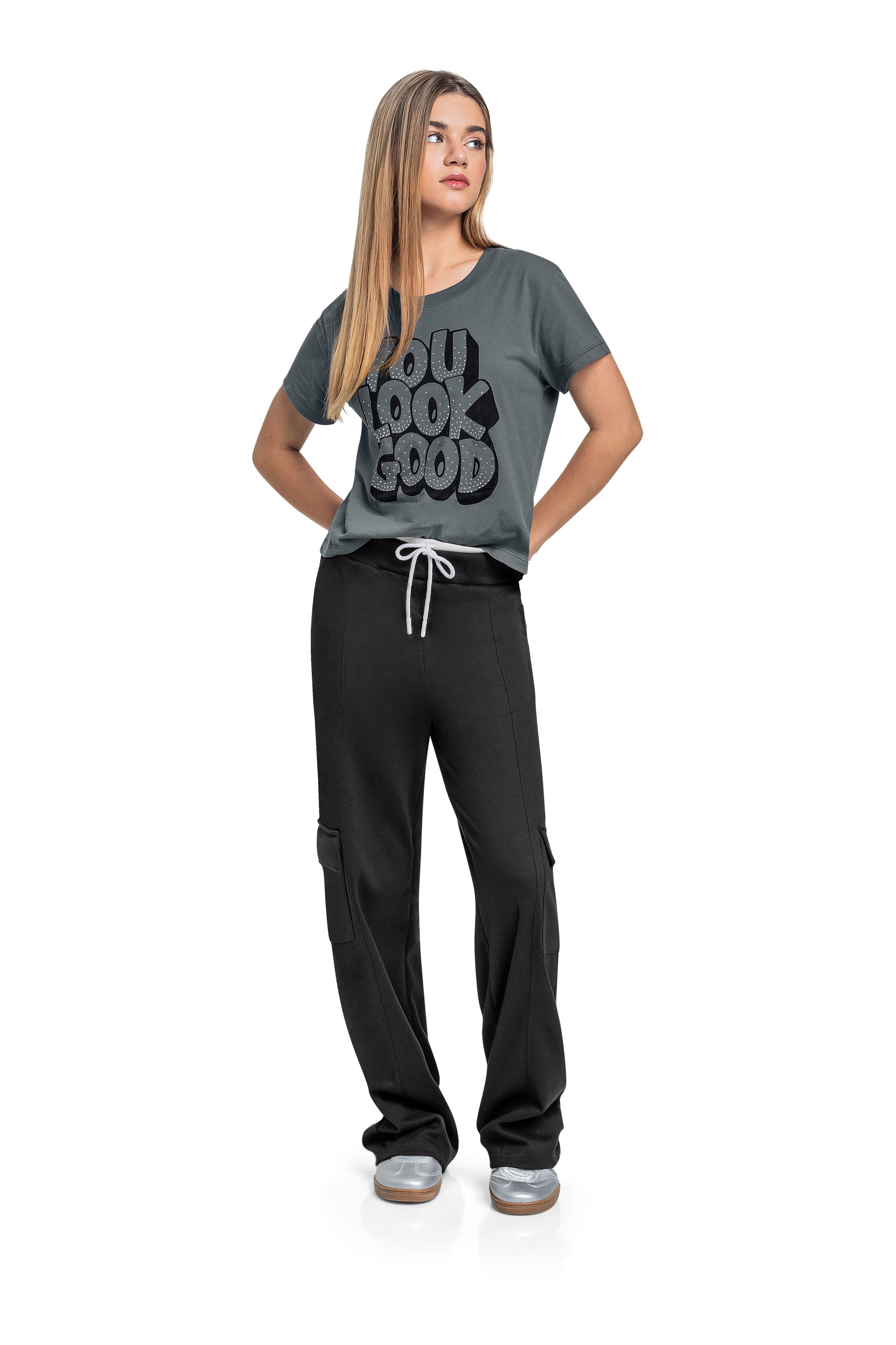 Blusa Juvenil em Meia Malha com Strass (Cinza) Gloss