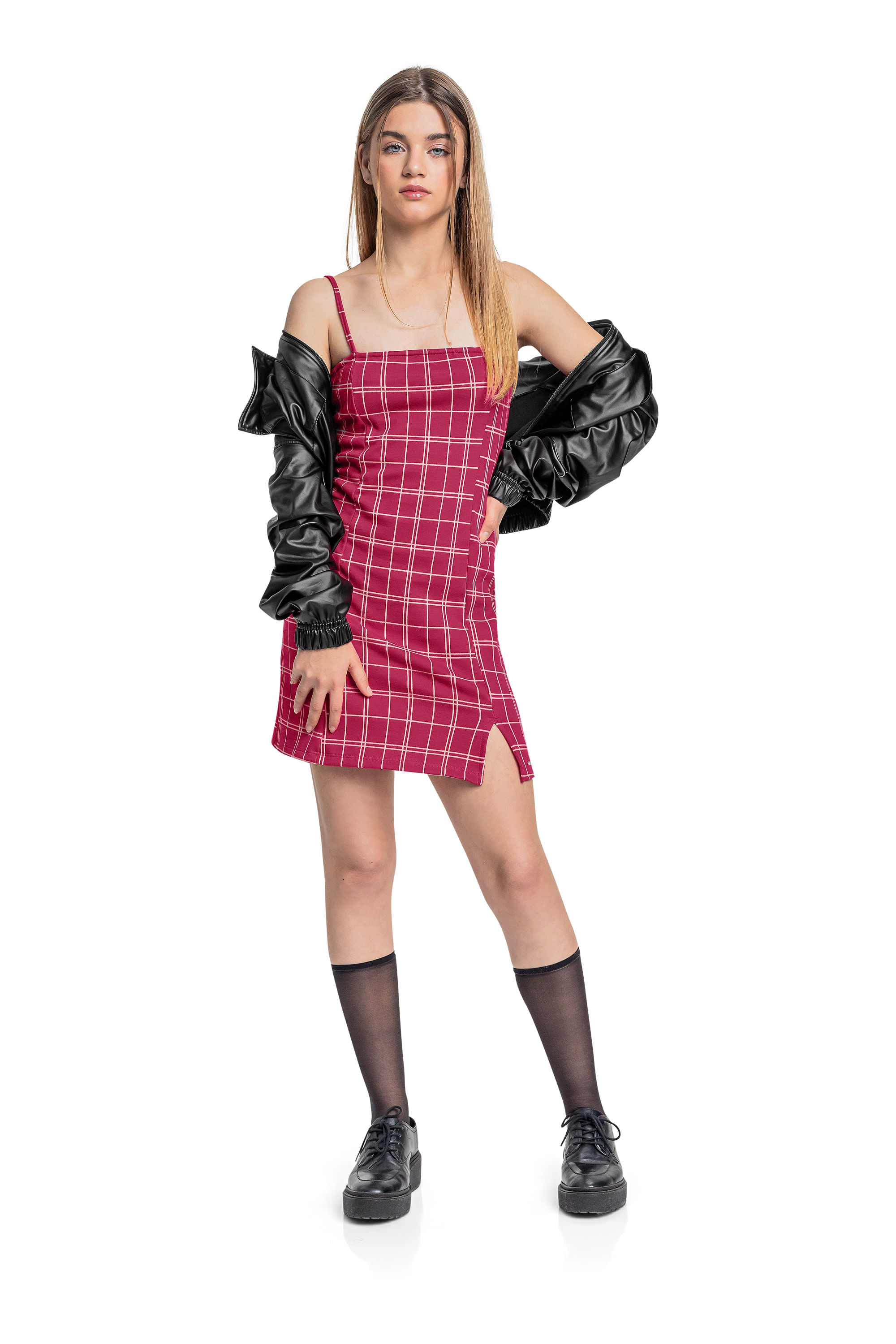 Vestido Xadrez Juvenil em Malha Jacquard (Rosa Escuro) Gloss