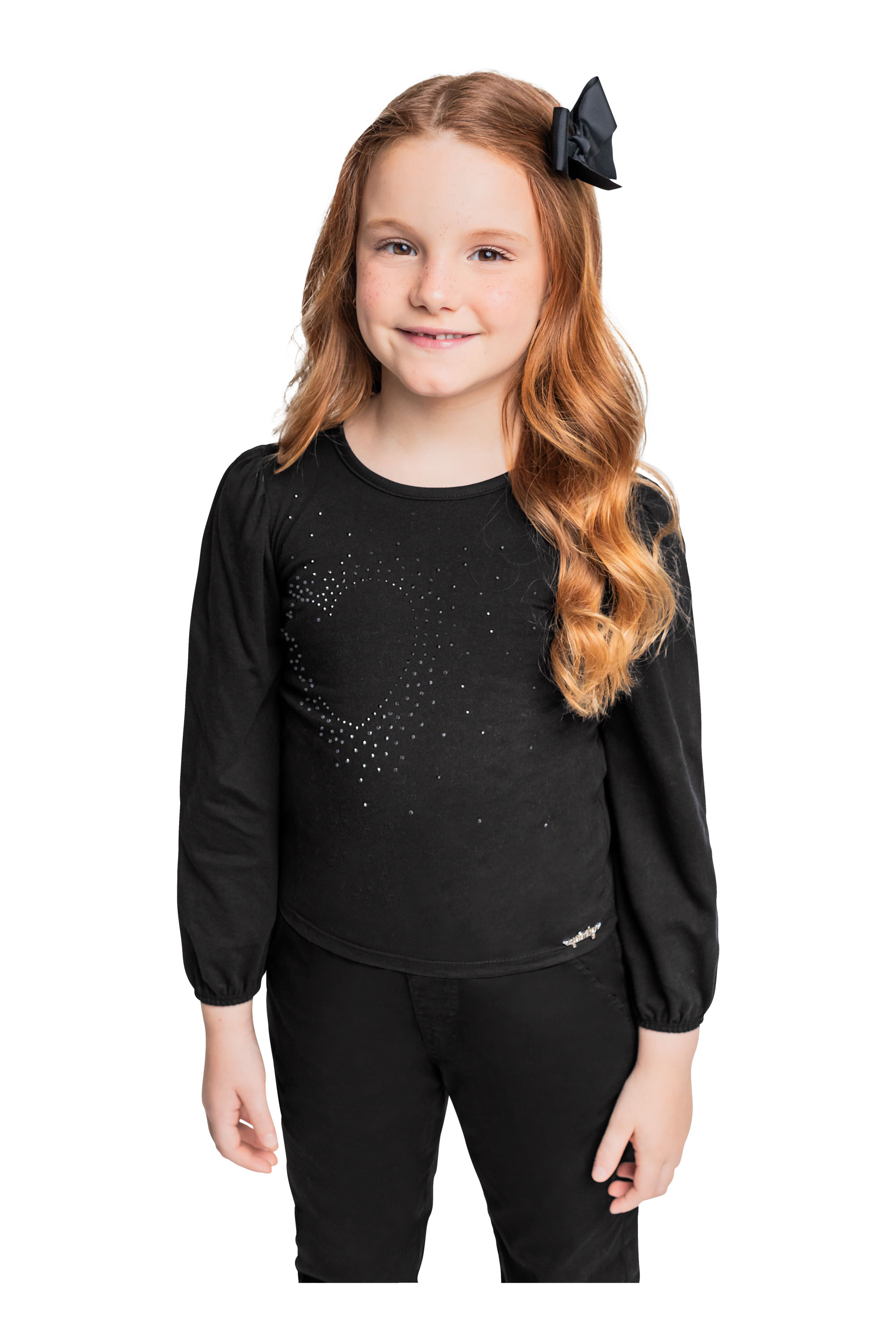 Blusa Manga Longa com Strass para Menina (Preto) Quimby
