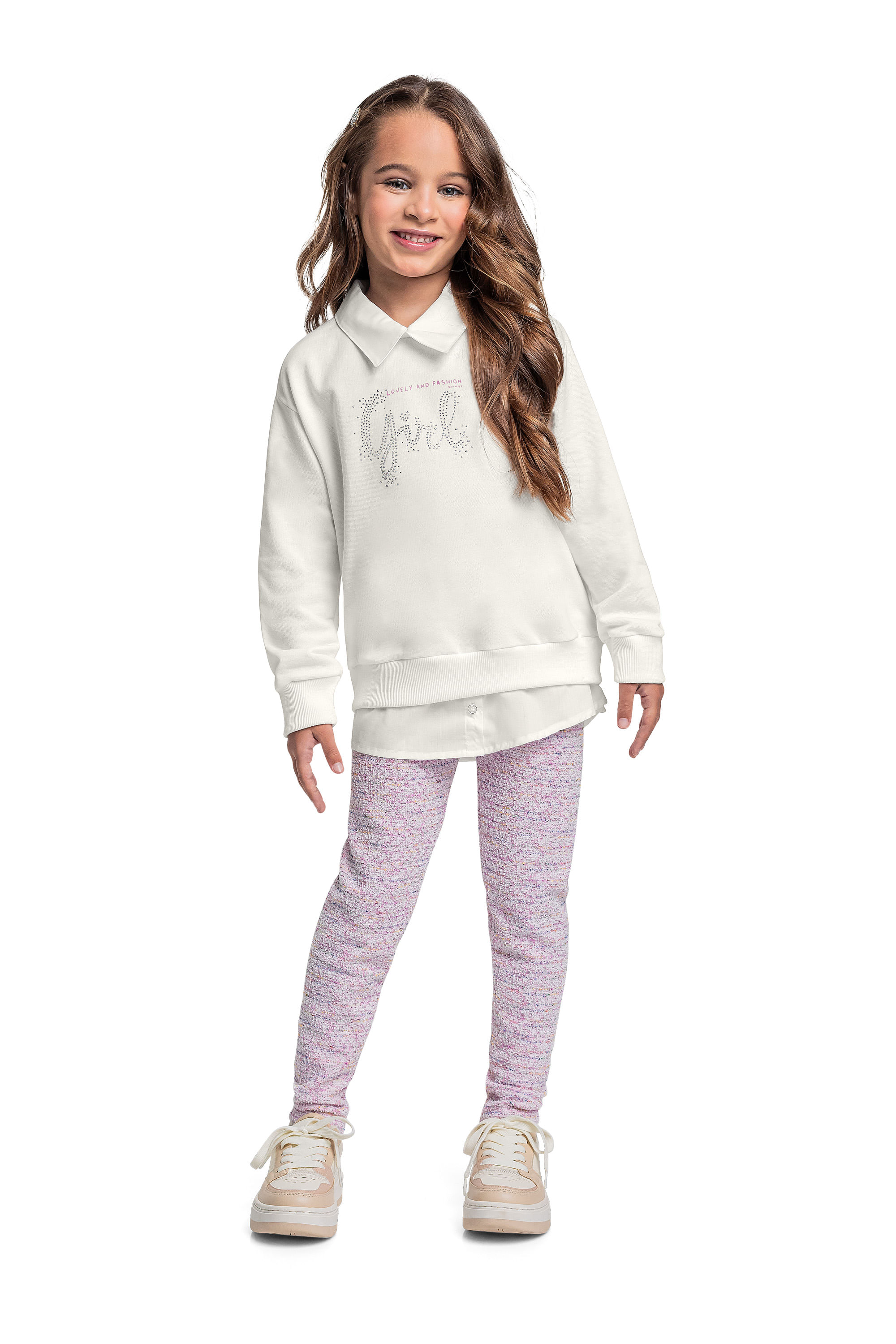 Conjunto com Blusão em Moletom e Legging para Menina (Off White) Quimby