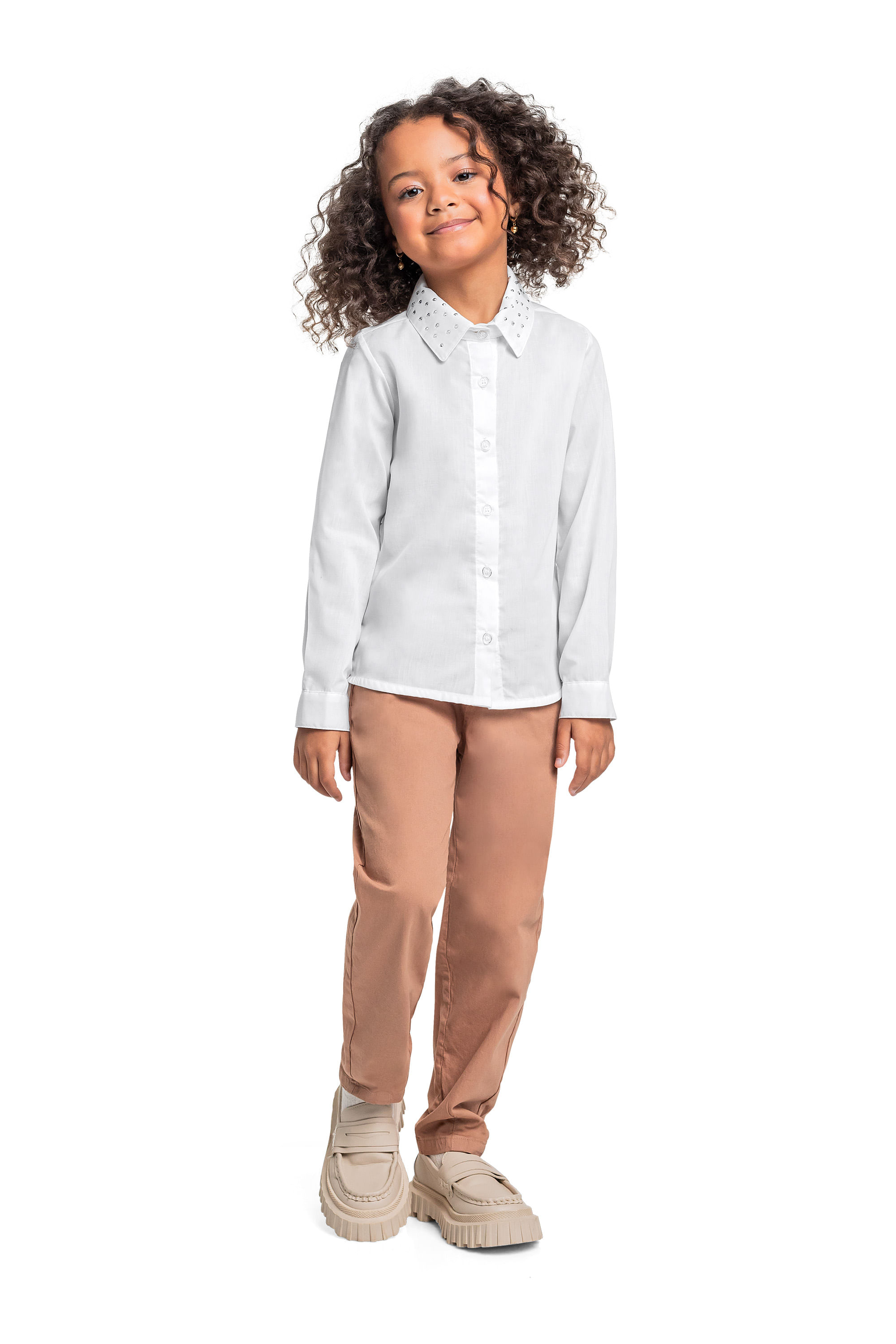 Camisa Manga Longa em Tricoline para Menina (Branco) Quimby