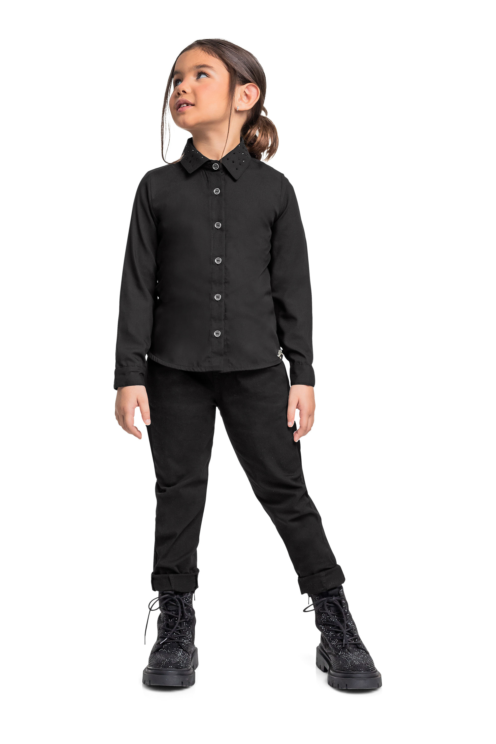 Camisa Manga Longa em Tricoline para Menina (Preto) Quimby - Imagem 5
