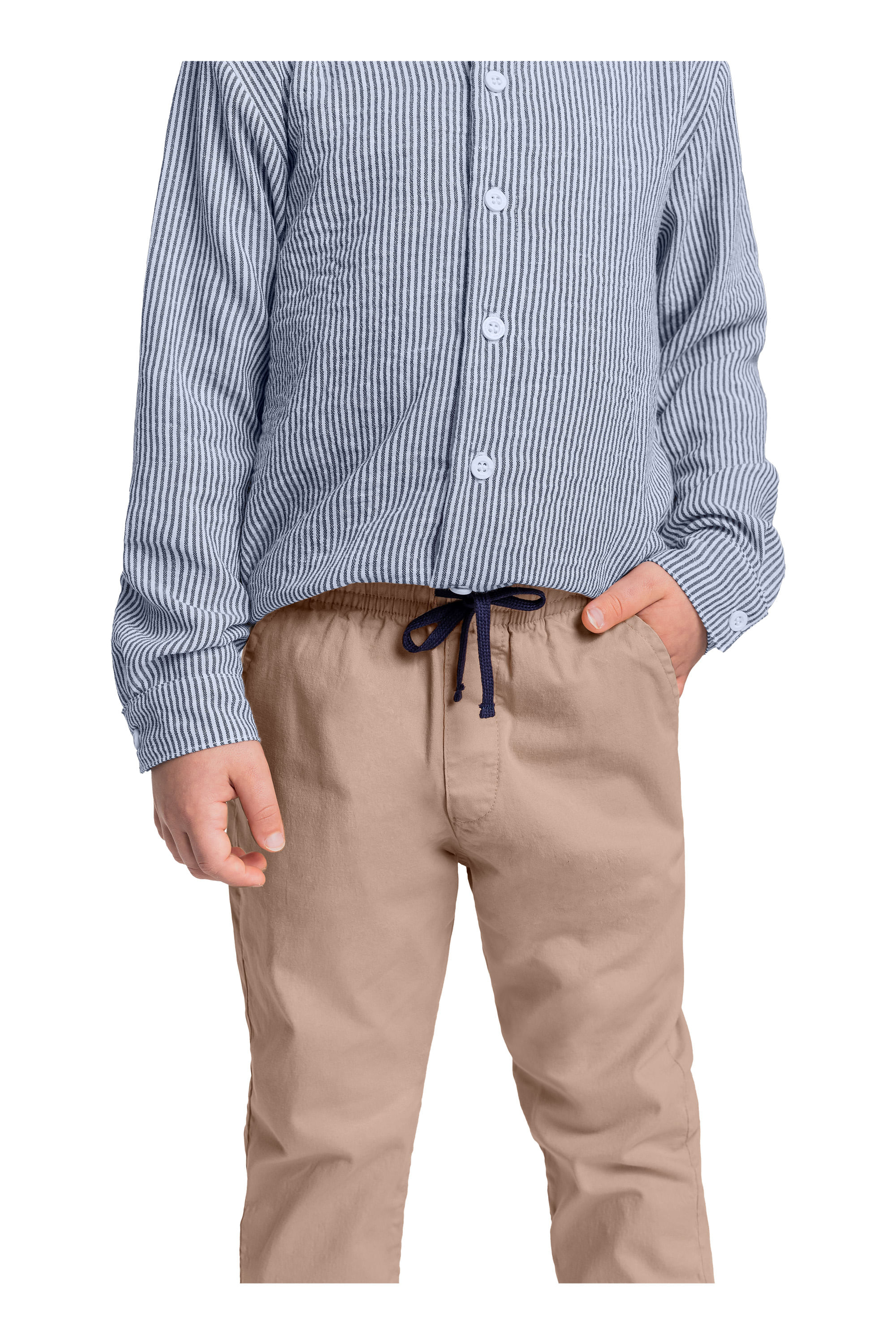 Conjunto com Camisa Listrada e Calça em Sarja para Menino (Azul) Quimby - Imagem 7