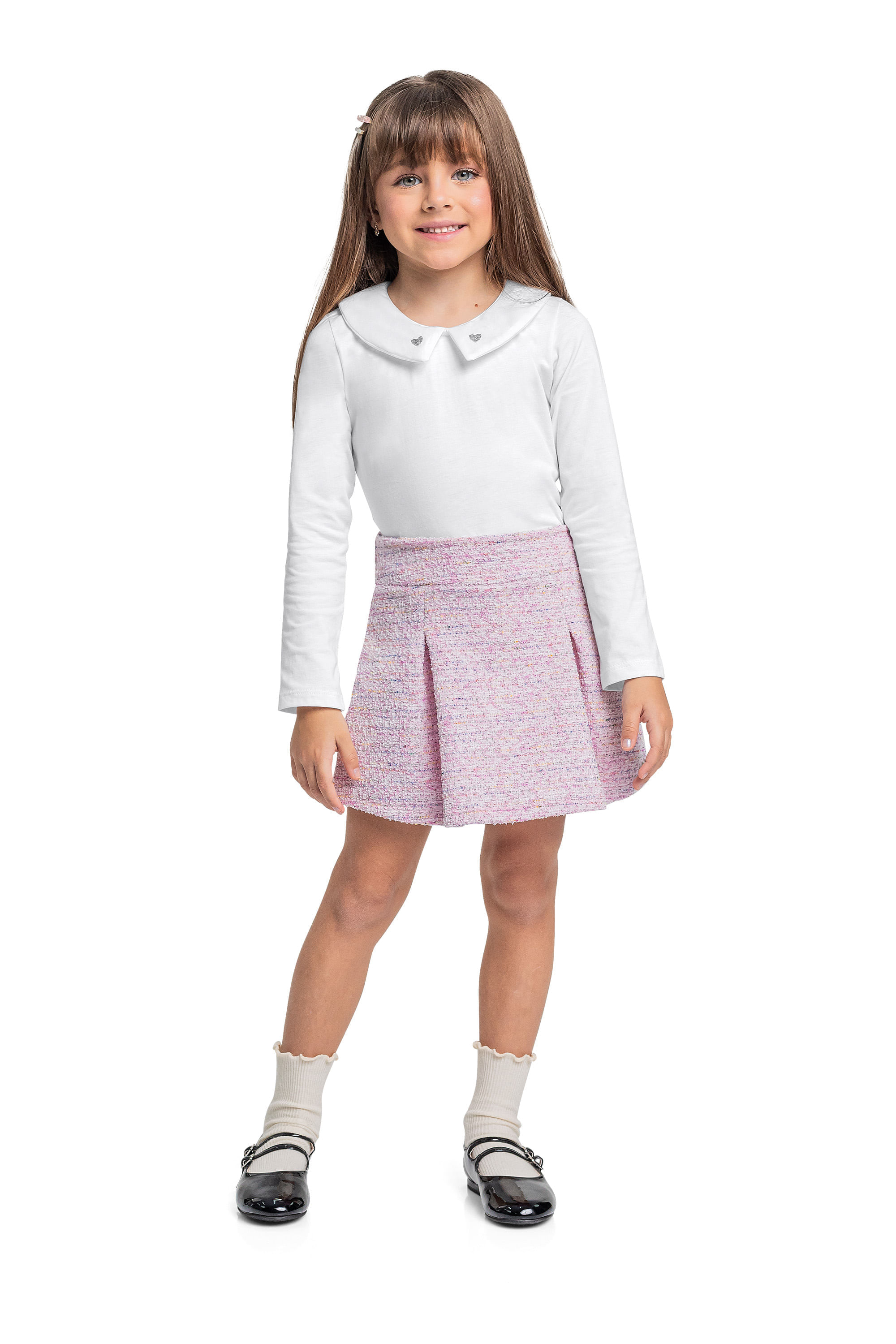 Conjunto com Blusa Manga Longa e Short-Saia para Menina (Branco) Quimby