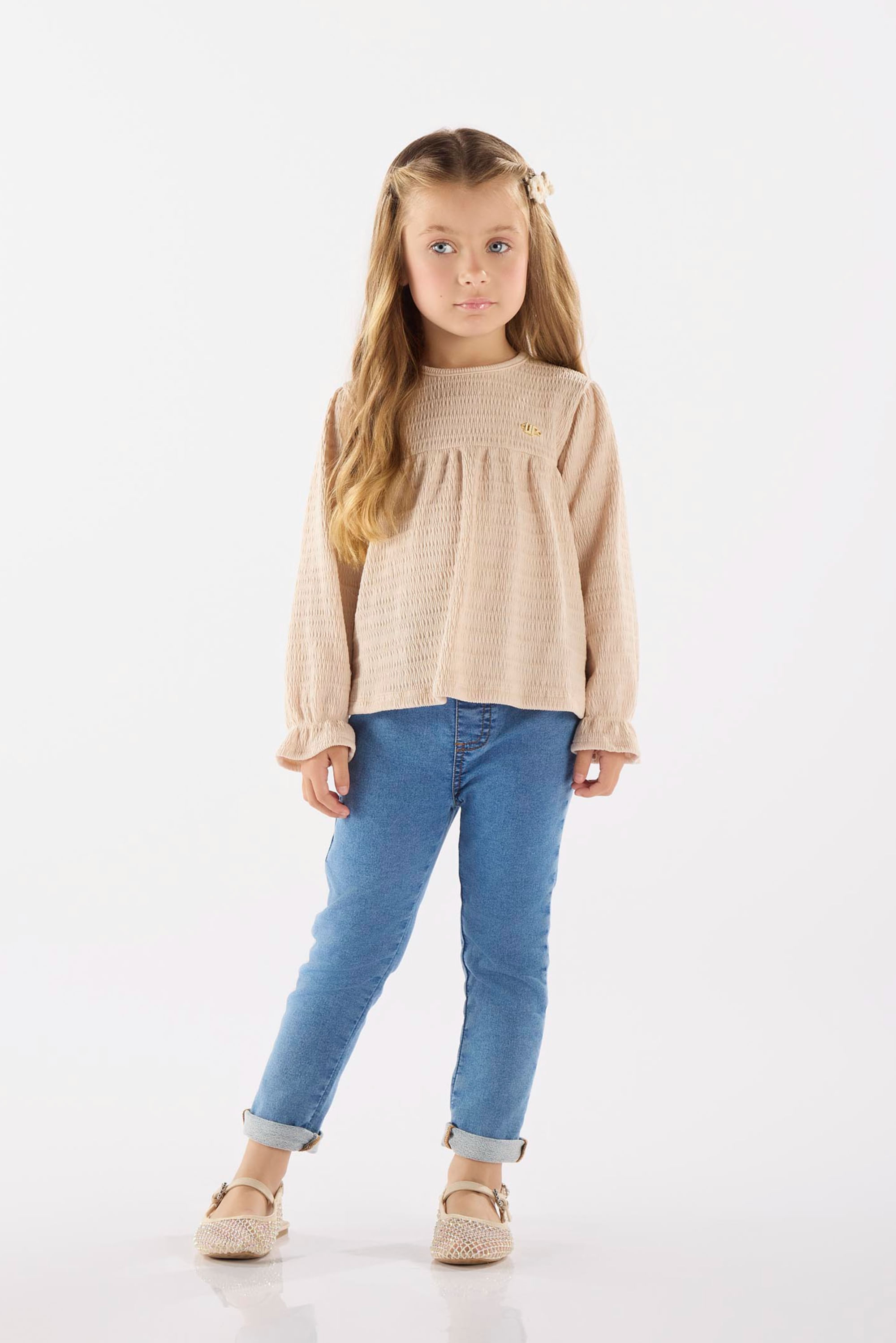 Blusa Infantil Manga Longa em Malha Plissada (Off White) Up Baby - Imagem 7