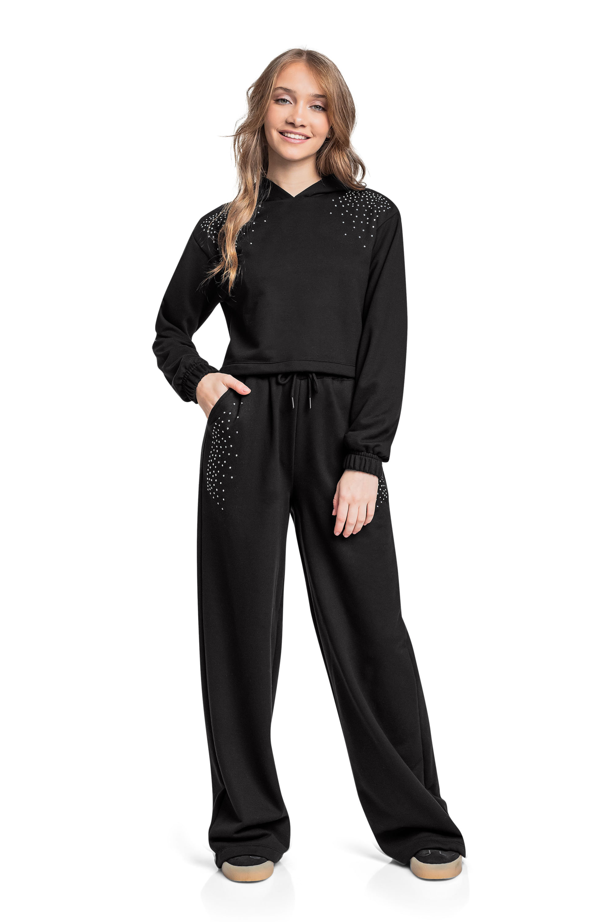 Conjunto Juvenil com Blusão e Calça Wide Leg em Moletom (Preto) Gloss