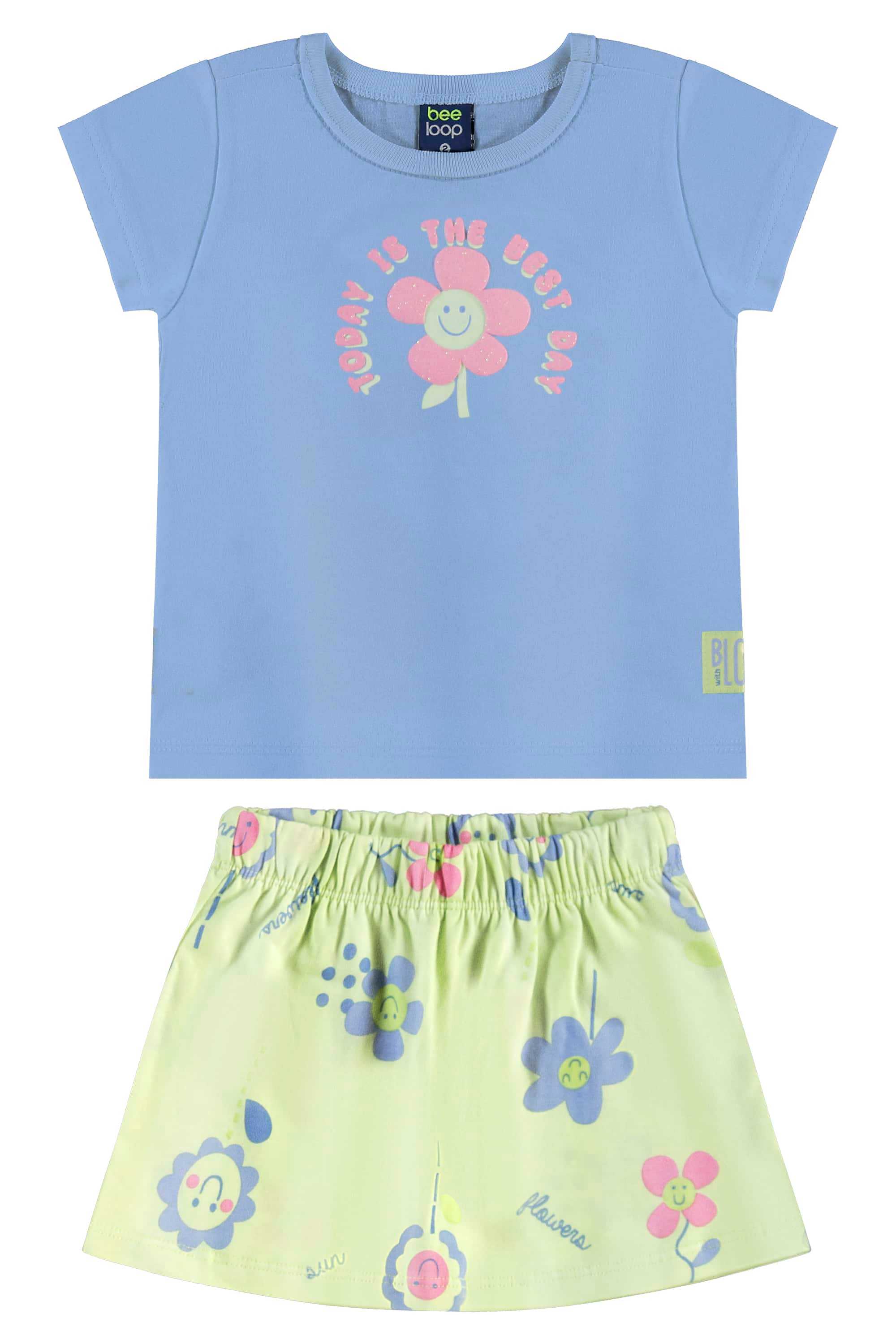 Conjunto com Blusa e Short-Saia para Menina (Azul) Bee Loop