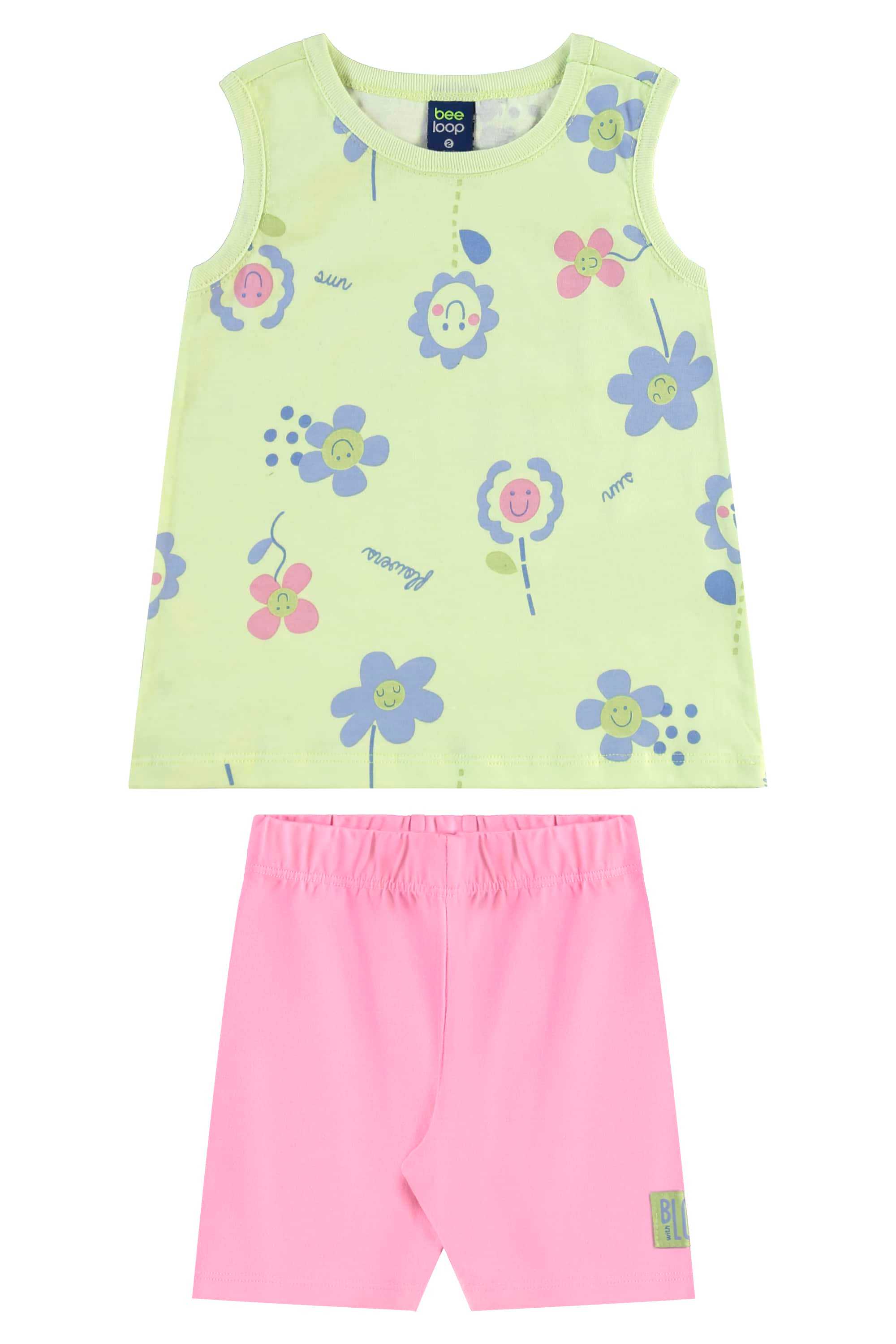 Conjunto com Regata e Bermuda Ciclista para Menina (Verde) Bee Loop