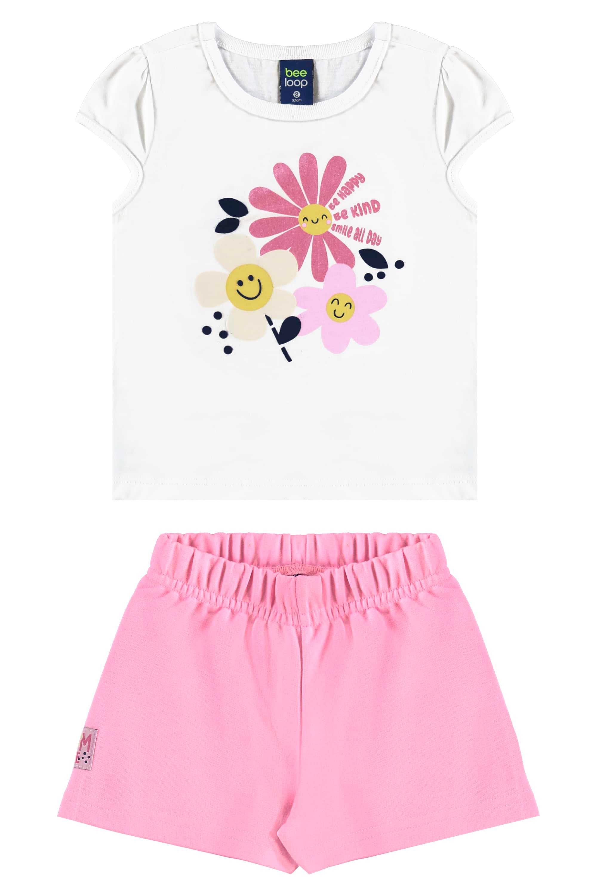 Conjunto com Blusa de Florezinhas e Short para Menina (Branco) Bee Loop