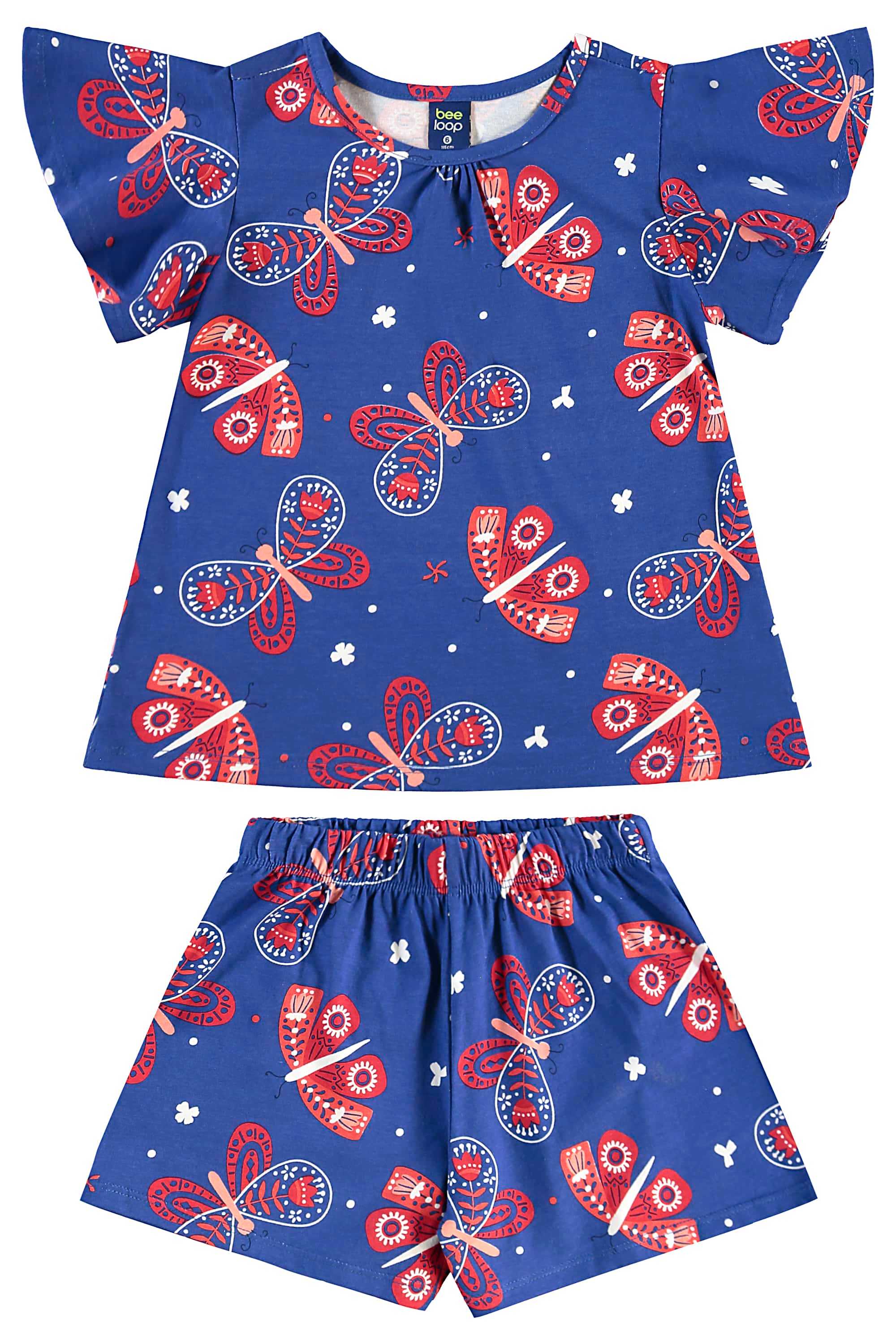 Conjunto de Borboletas com Bata e Short para Menina (Azul Marinho) Bee Loop