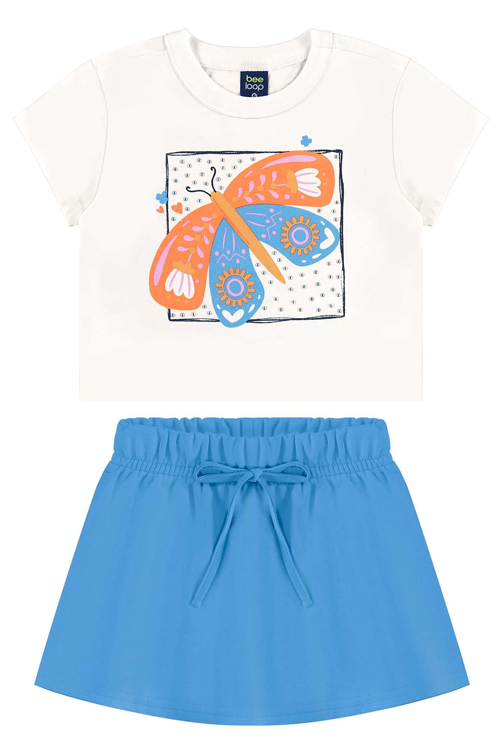 Conjunto com Cropped e Short-Saia para Menina (Off White) Bee Loop