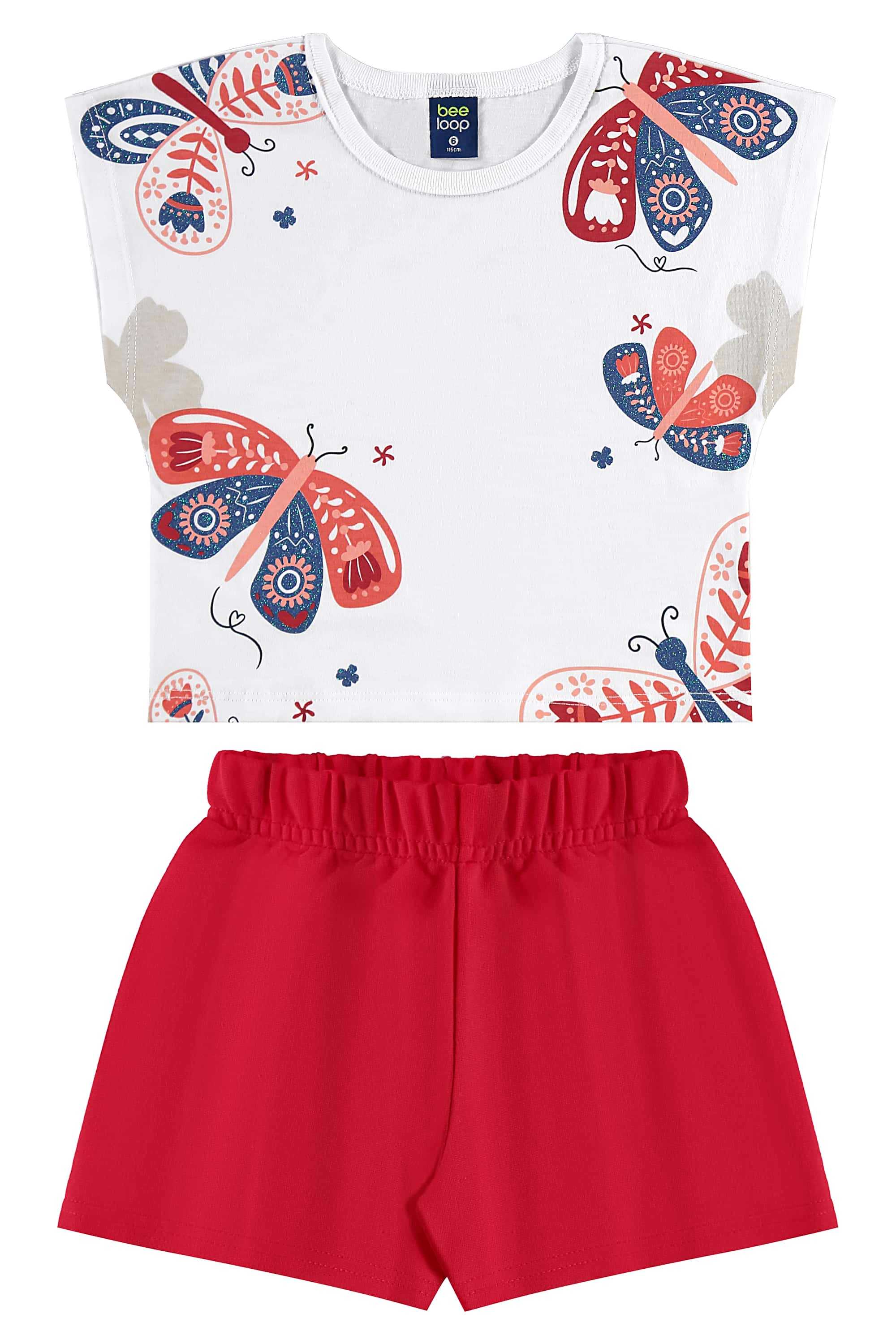 Conjunto com Blusa de Borboleta e Short para Menina (Branco) Bee Loop