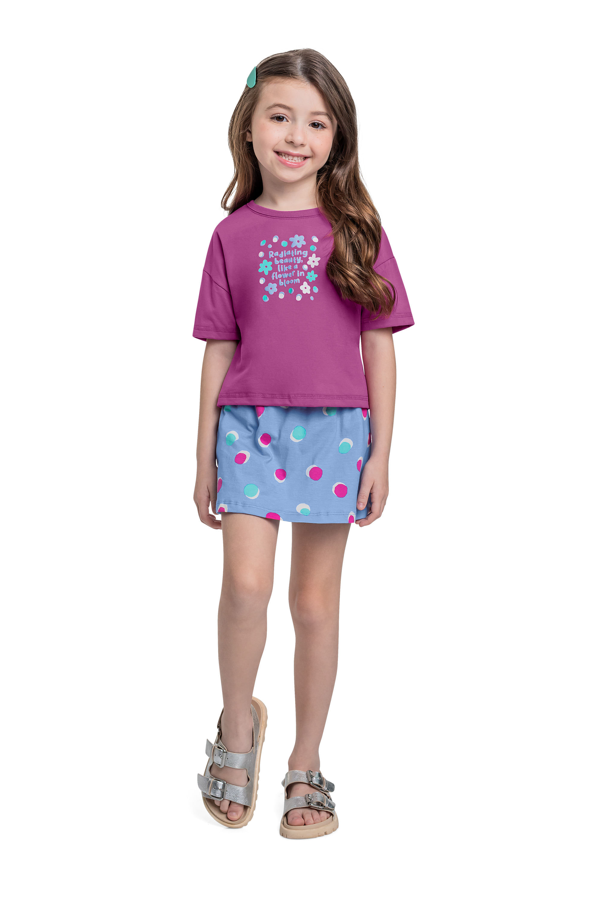 Conjunto com Cropped e Short-Saia de Bolinhas para Menina (Roxo) Bee Loop